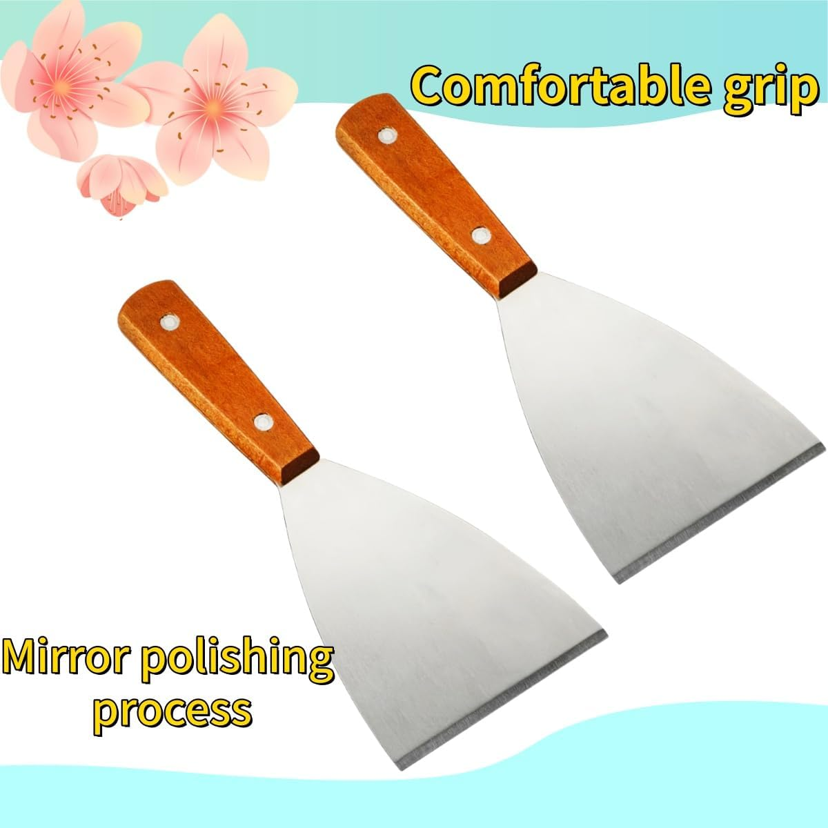 2 Piece Stainless Steel Grill Scraper Tool, with Wooden Handle, Versatile Grill Scraper Tool for Cooking of Pancakes, Pizzas, Beveled Edges image number 4