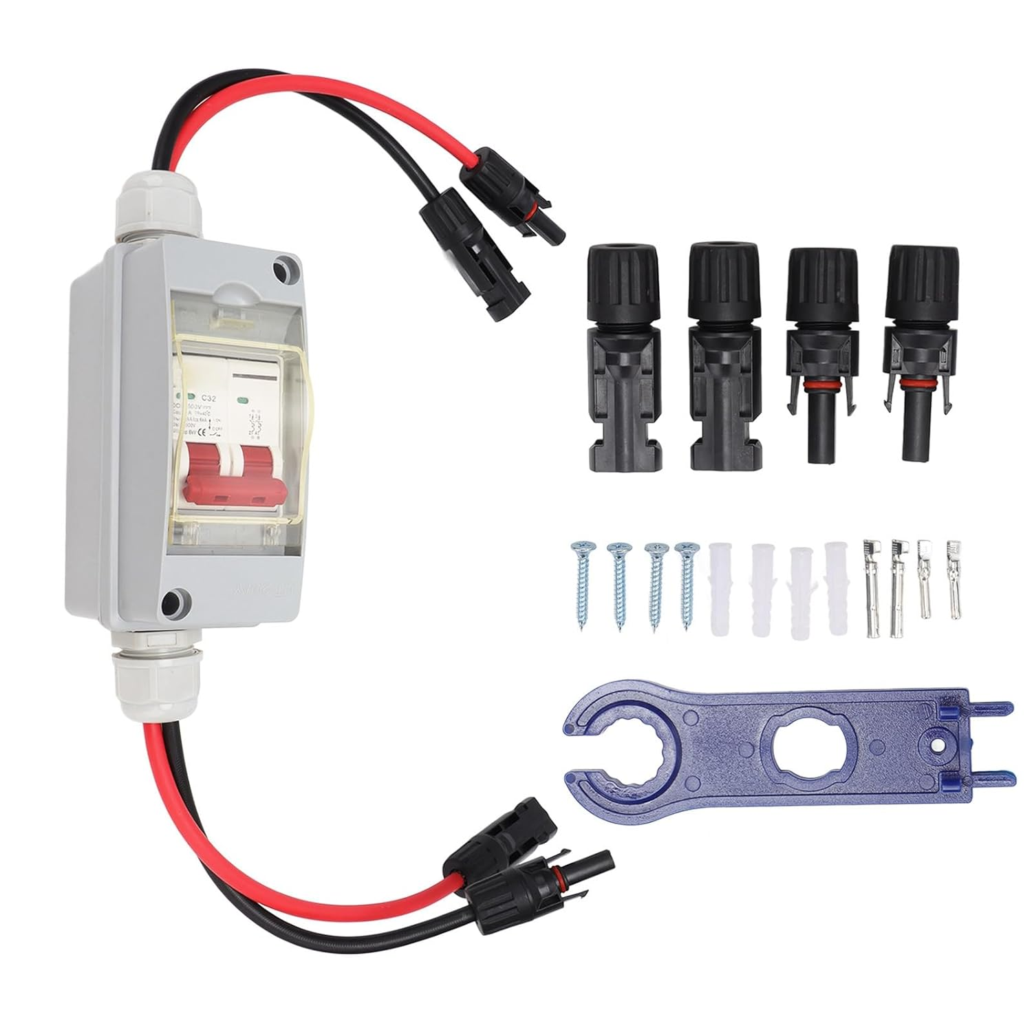 500V 32A MCB Solar Photovoltaic DC Combiner Box, Overvoltage and Protection Circuit Breaker with Transparent Cover IP65 Rated (With Cable and PV Connector)