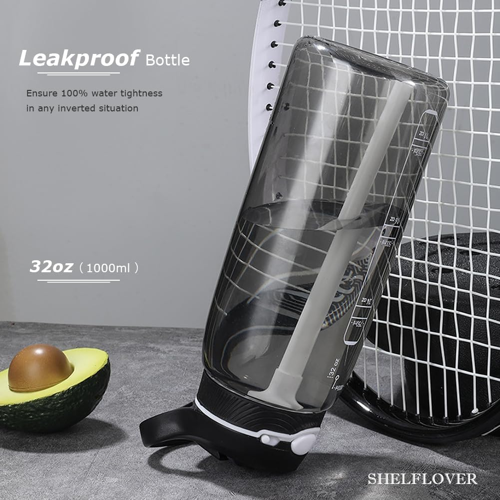 1000Ml Black Water Bottle with Straw, BPA FREE Clear Bottle with Handle One Hand Use Easy Carried, Flip Up, Suit School, Office, Gym, Office for Women Men