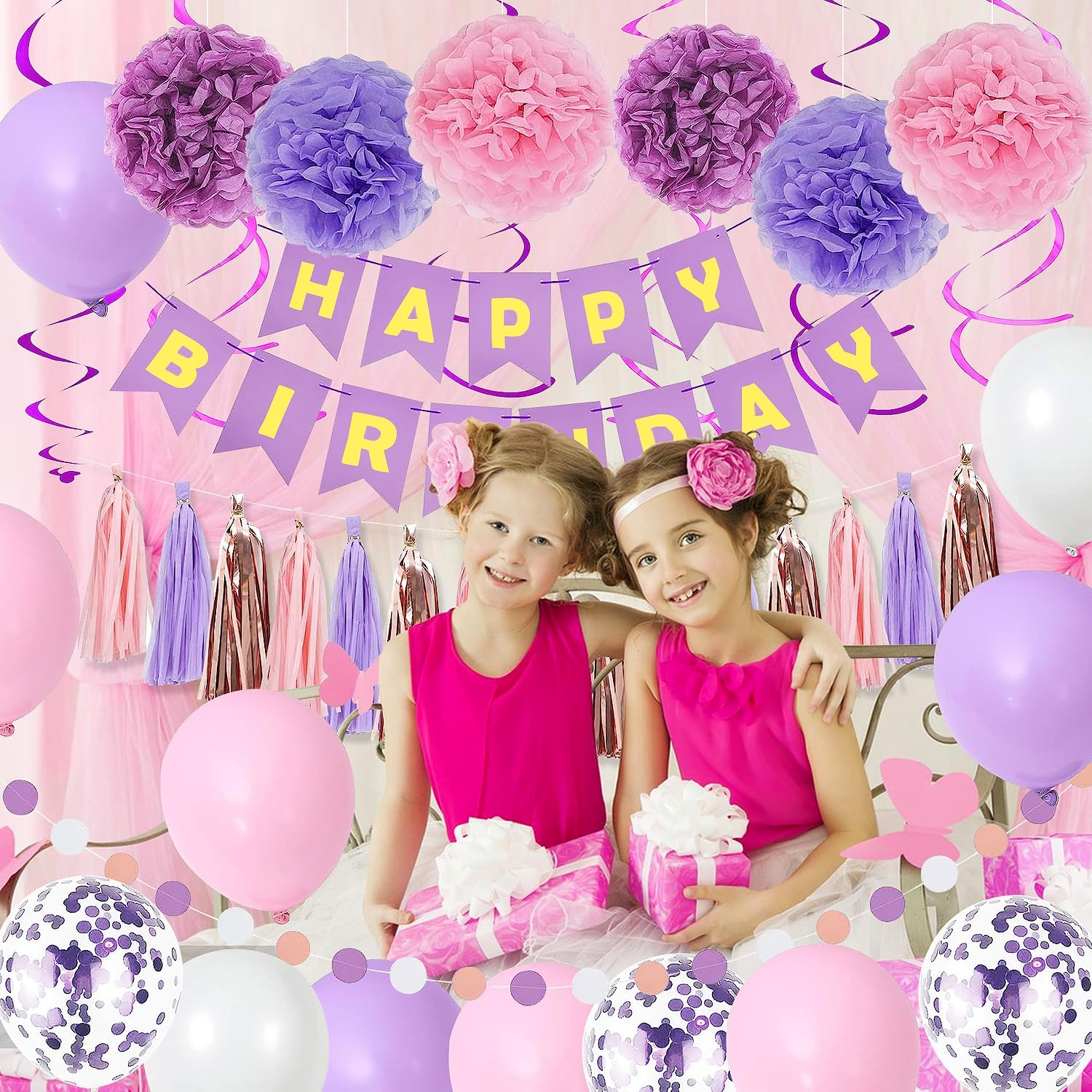 Pugkloy Purple Pink Birthday Party Decorations for Women Girls with Happy Birthday Banner,Hanging Swirls,Tissue Paper Pompoms,Circle Dots Garland,Tassel Garland Purple Birthday Balloons (Purple) image number 4