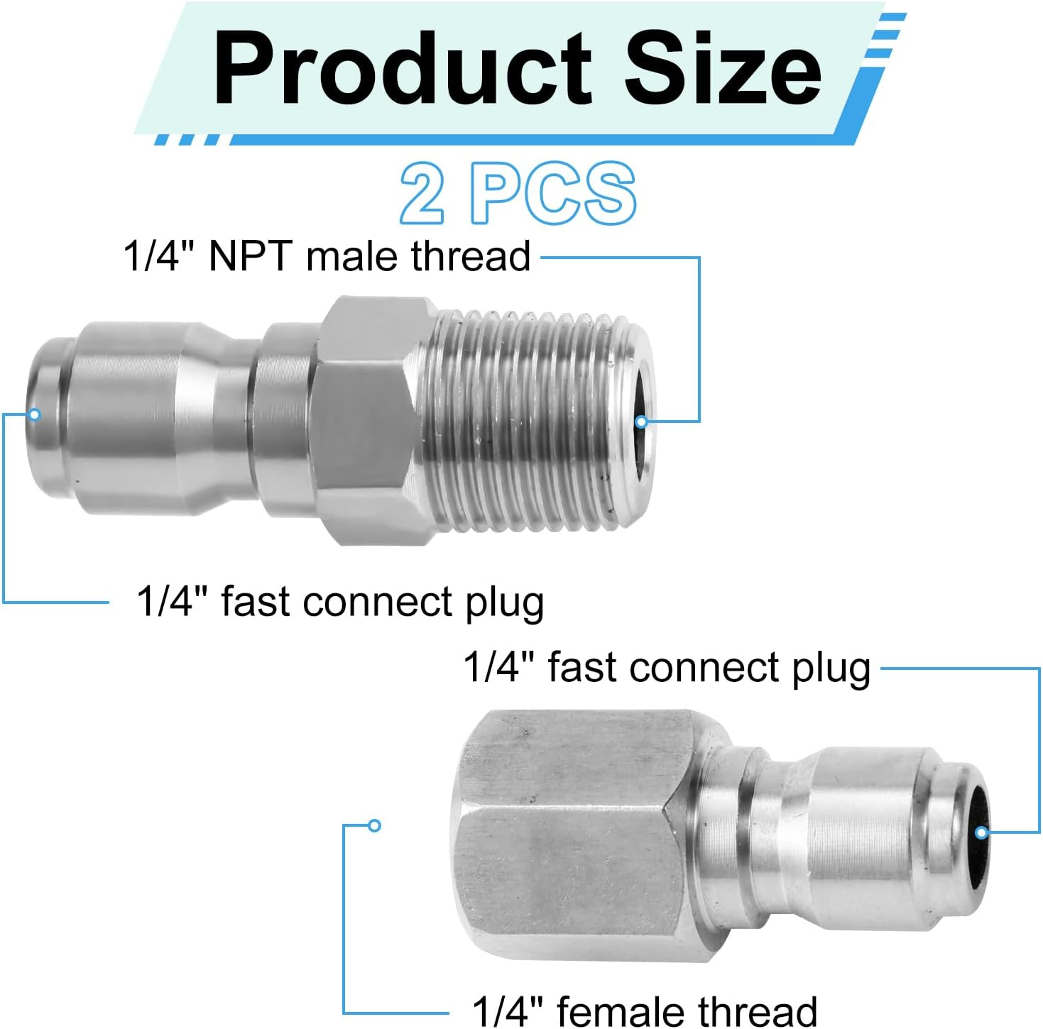 NQEUEPN 2Pcs Fast Connect Pressure Washer Fittings, Stainless Steel Pressure Water Gun Connectors 1/4 Fast Connect Plug(Internal Thread, External Thread) image number 4