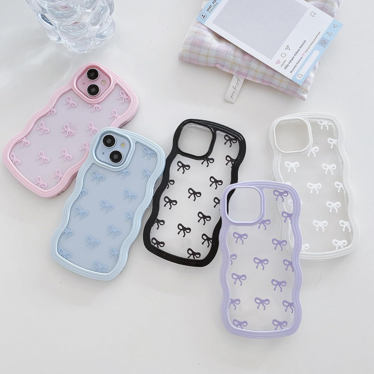 QLTYPRI Bow Case for Iphone 13/Iphone 14, Clear Cute Ribbon Bow Phone Case Curly Wavy Aesthetic Phone Case, Slim Soft Transparent Shockproof Protective Cover for Women Girls - White image number 5