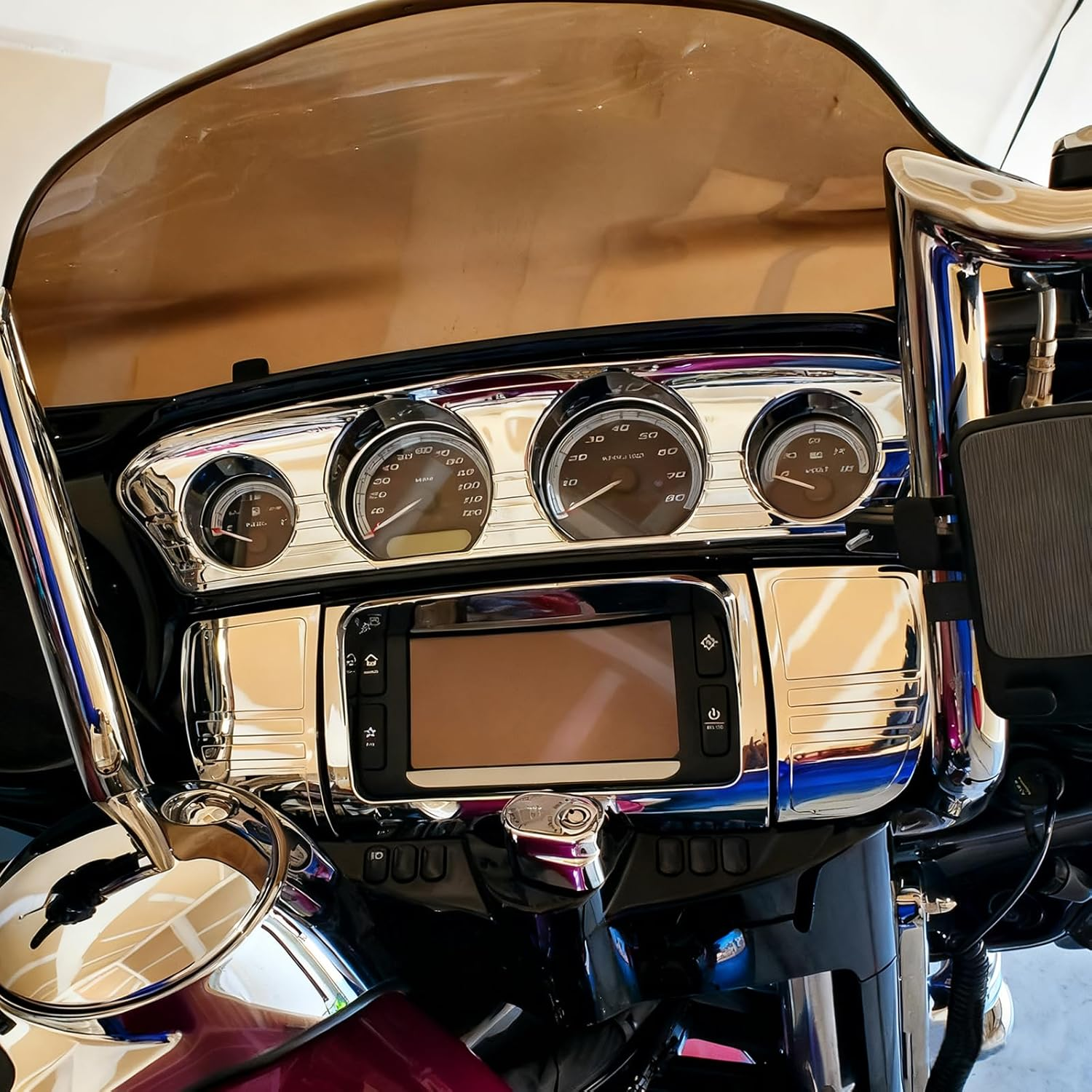 1 Set Motorcycle Chrome Tri-Line Gauge Trim 7284 + Stereo Trim Cover Fit for Harley 2014-2017 Touring Electra Glides/Street Glides/Tri Glide image number 5