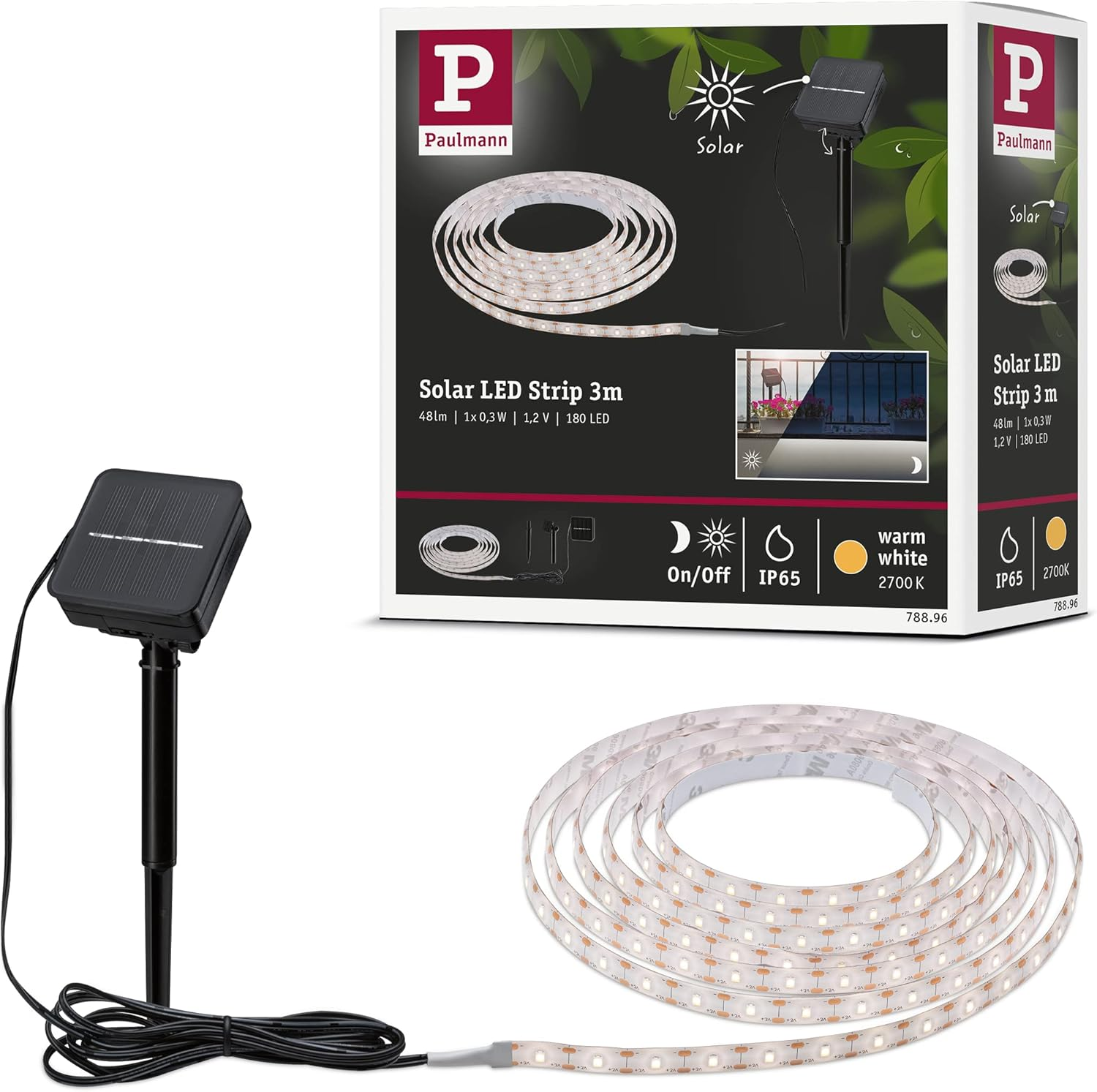 Paulmann 78896 LED Strip Solar 3 M with Twilight Sensor and Battery IP44 0.3W 48Lm 60Leds/M 2700K Warm White Black Plastic
