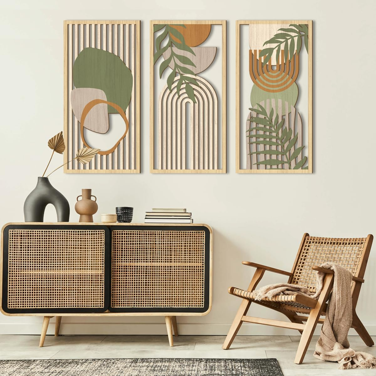 IARTTOP Green Boho Wall Art Set of 3 Large Geometric Wood Wall Art Mid Century Modern Artwork Neutral Abstract Bohemian Wall Decor for Living Room Bedroom Office-16 X 32 Inch image number 4