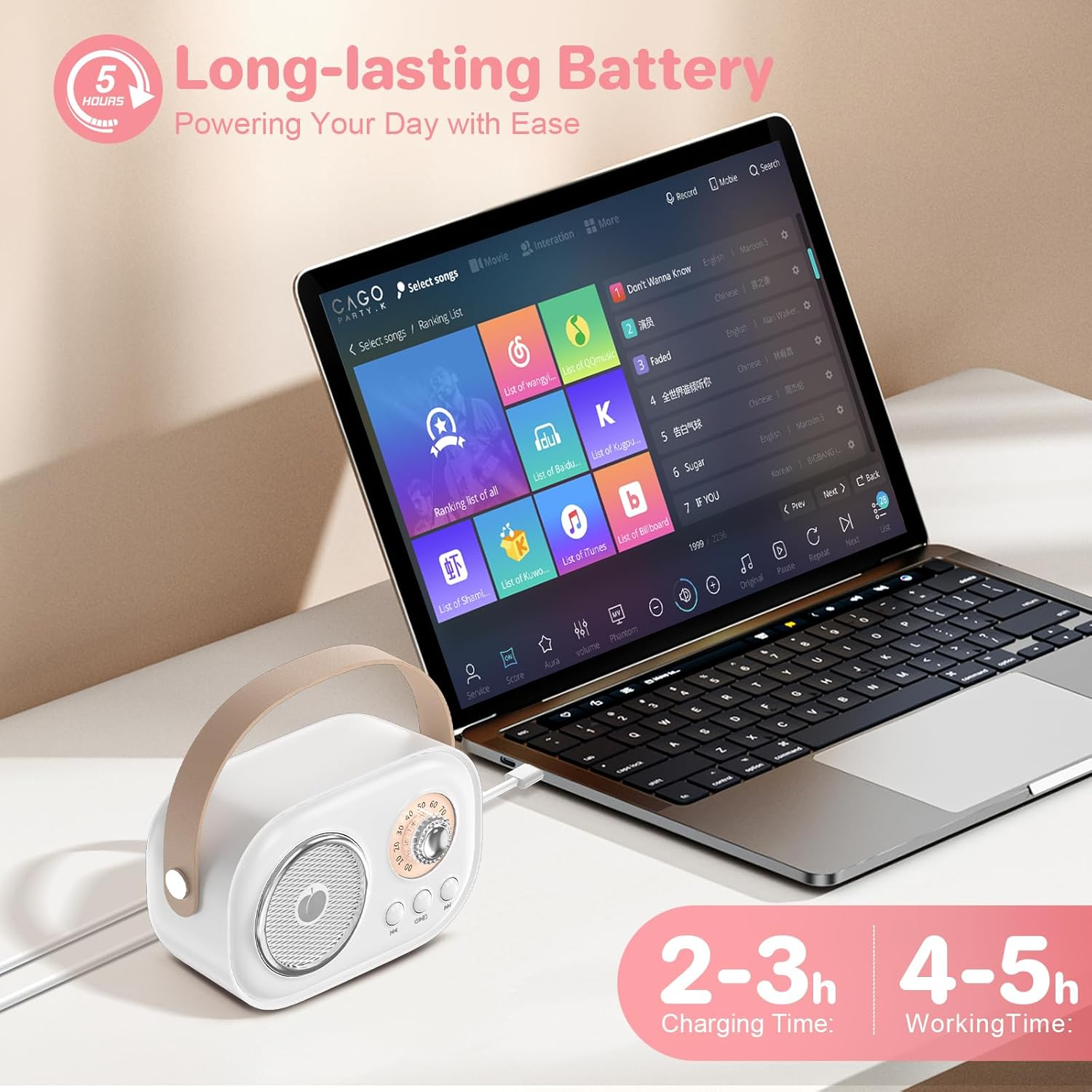 Mini Karaoke Machine for Kids Adults,Portable Bluetooth Speaker with 2 Wireless Microphones, Gifts Toys for Girls 3, 4, 5, 6, 7, 8+ Years Old Toddler Teens Birthday Family Home Party (White) - Beige image number 3