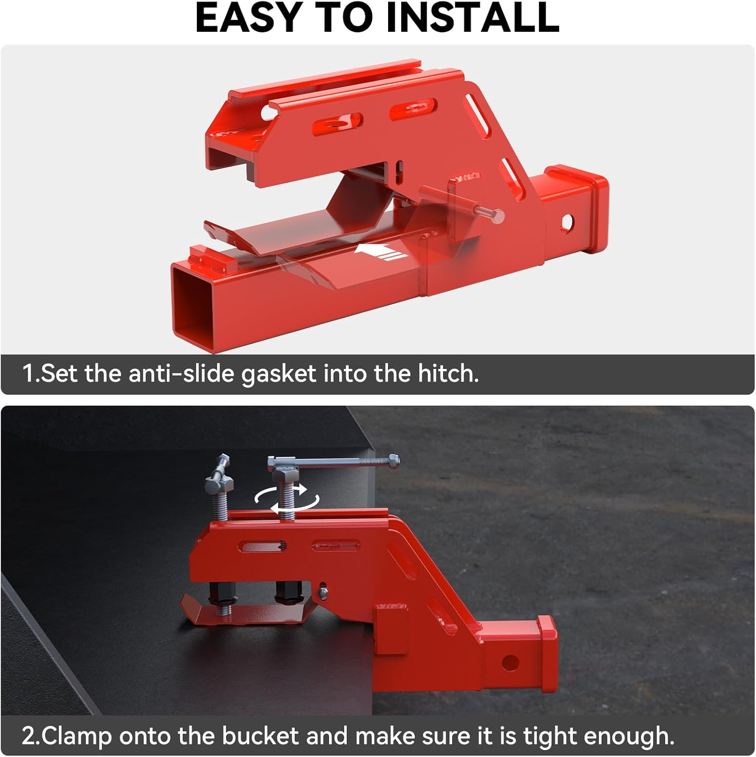 New Upgraded Tractor Clamp on Trailer Hitch 2" Receiver, Non-Slip Trailer Adapter Mount for Kubota, Deere, Bobcat, Bucket Trailer Hitch Attachment (Red)