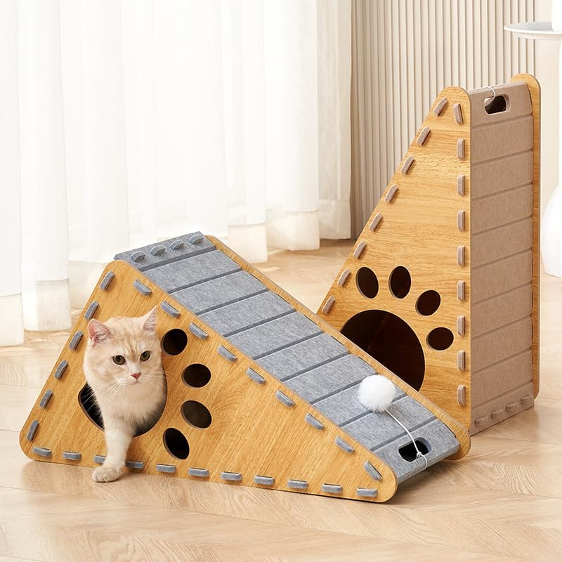 Cat Beds for Indoor Pets, 27" (70Cm) Slope X 23" (60Cm) Base Extra-Large Cat Cave, Cozy House with Fluffy Ball Hanging, Scratch Resistant Felt Kitten Hideaway House, Climbing Slope, Grey image number 2