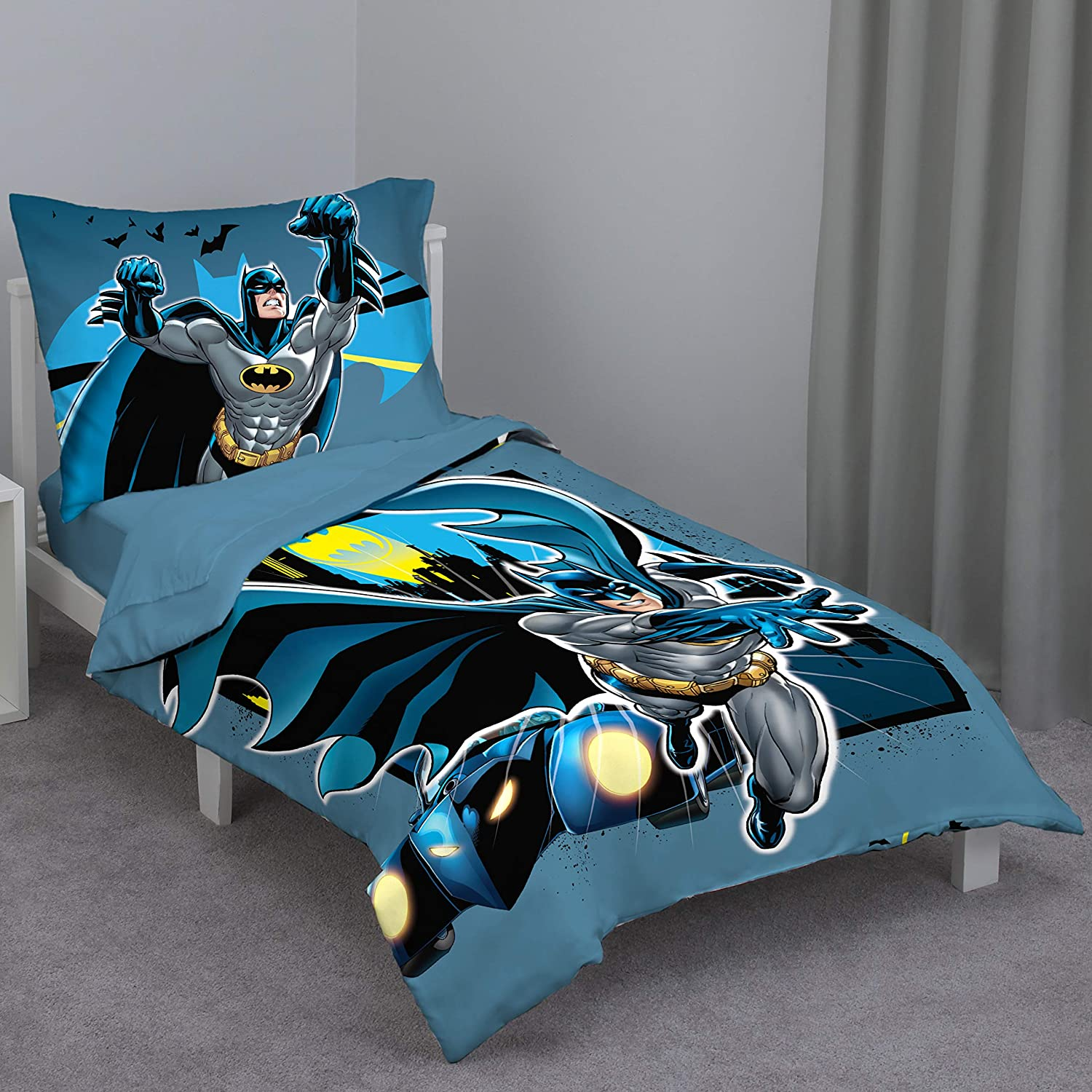 Batman - Blue Yellow & Grey 4Piece Toddler Bed Set - Comforter, Flat Top Sheet, Fitted Bottom Sheet, Reversible Pillowcase, Blue, Yellow, Black image number 3