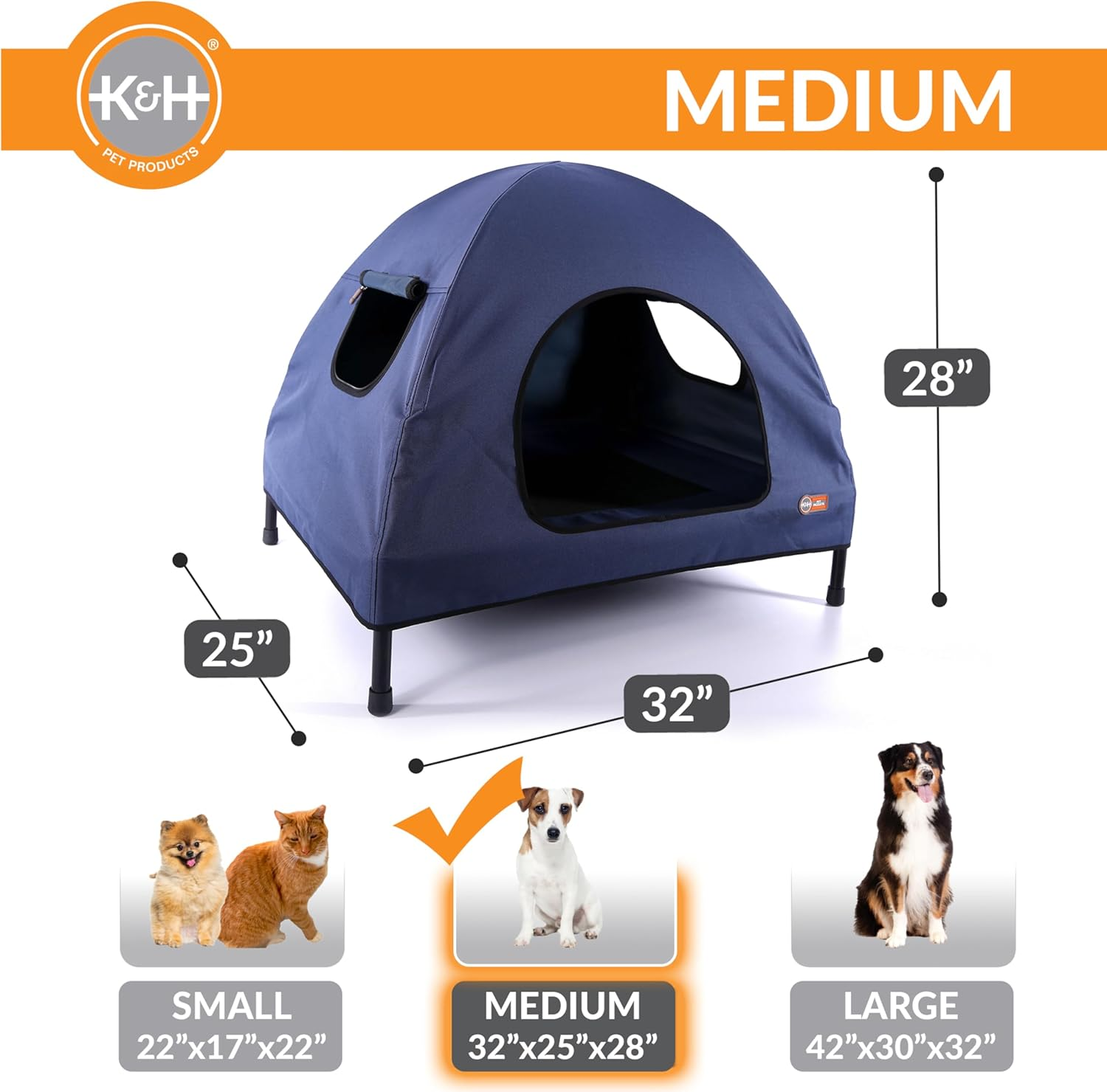 K&H Pet Products Original Pet Cot Tent, Portable Dog House, Dog Shade & Weather Shelter, Elevated Cot Dog Bed, Navy Blue, Medium 25 X 32 X 28 Inches