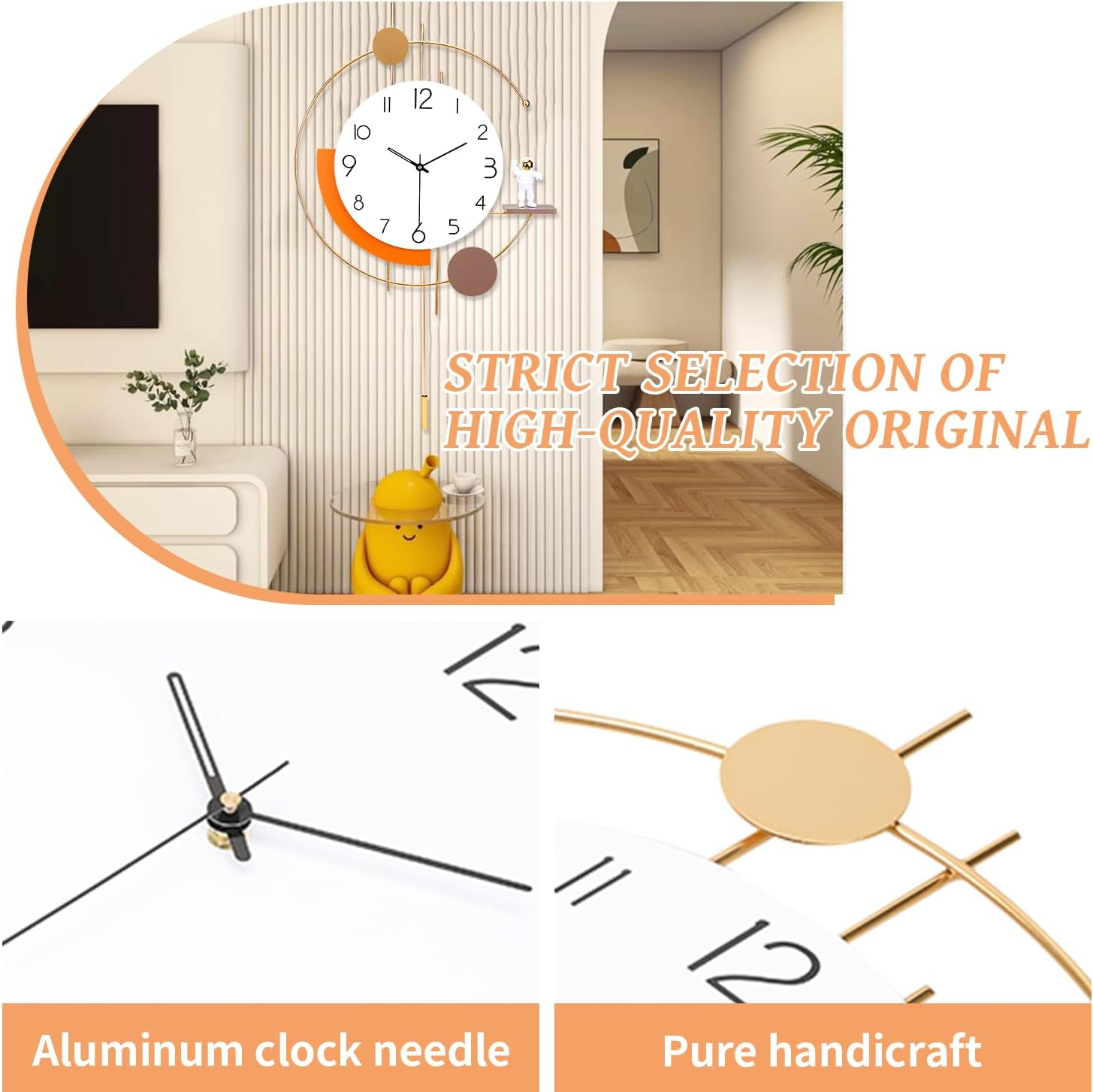 Large Wall Clock Decor Modern Decorative Clock Non Ticking Pendulum Wall Clocks for Bedroom Office Kitchen Silent Big Wall Clock with 1 Ornaments Wall Decor for Home 13.7 * 23.6 Inch Golden image number 4