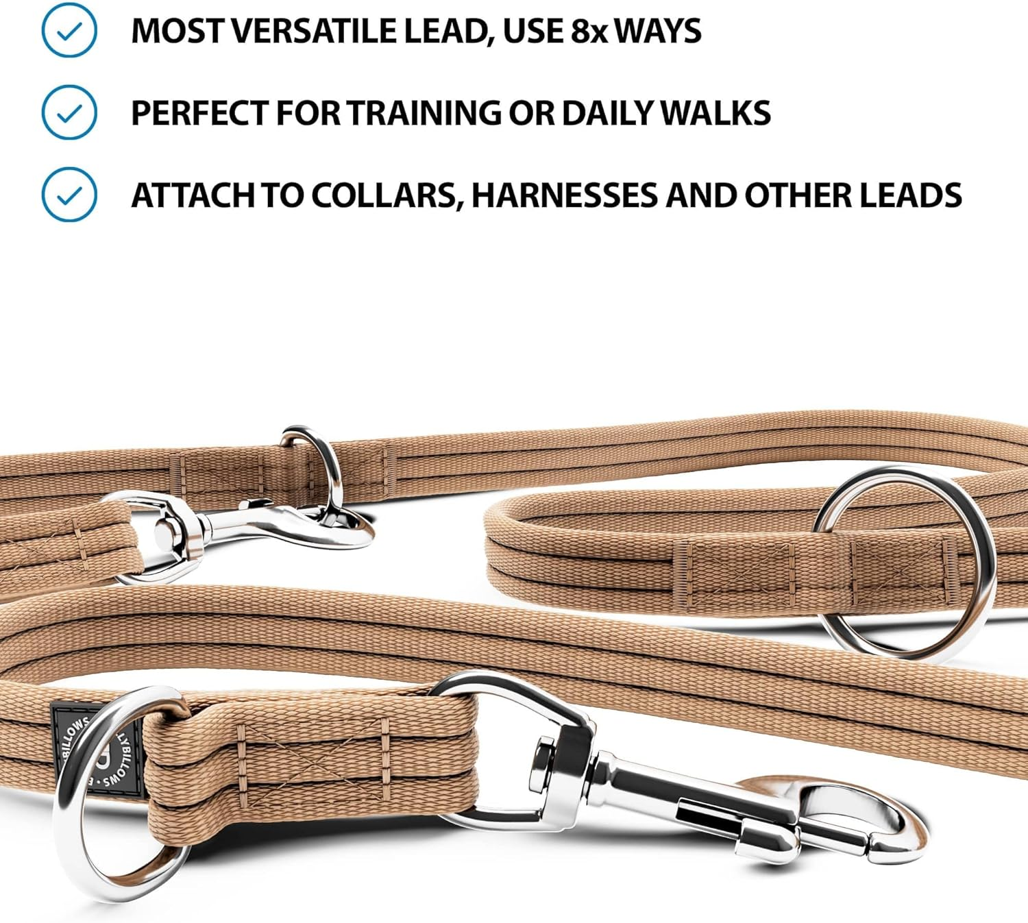 Bullybillows Double Ended Training Dog Lead | Multi-Functional Training Dog Lead | Medium or Long Length for Obedience Training or Distance Work | Tan image number 3