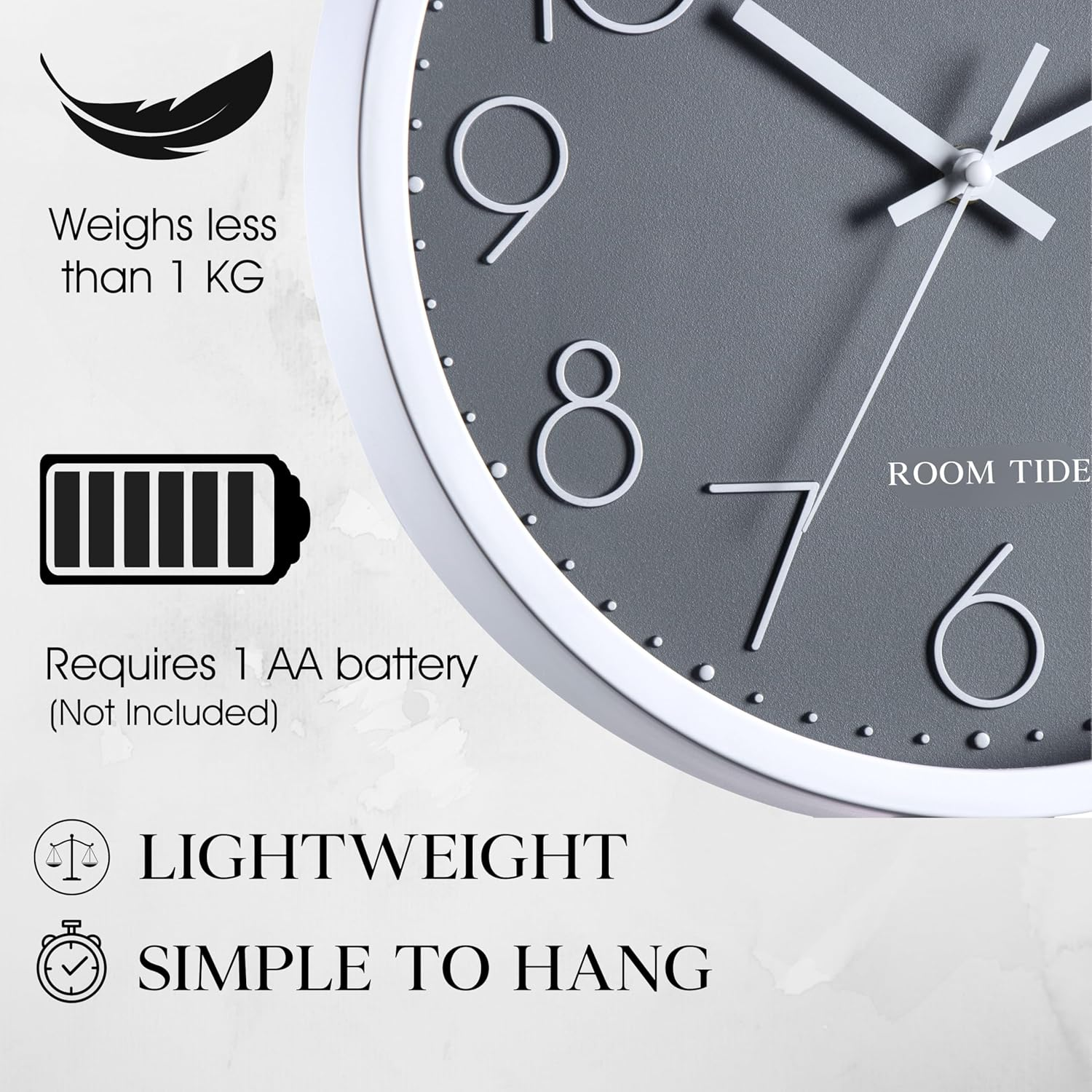 Room Tide Silent Wall Clock 12 Inch Quartz Classic Design Easy to Read Large Wall Clocks for Living Room Decor Bedroom Decor Home Kitchen Home Office School Room Clock (Grey) 30Cm image number 5