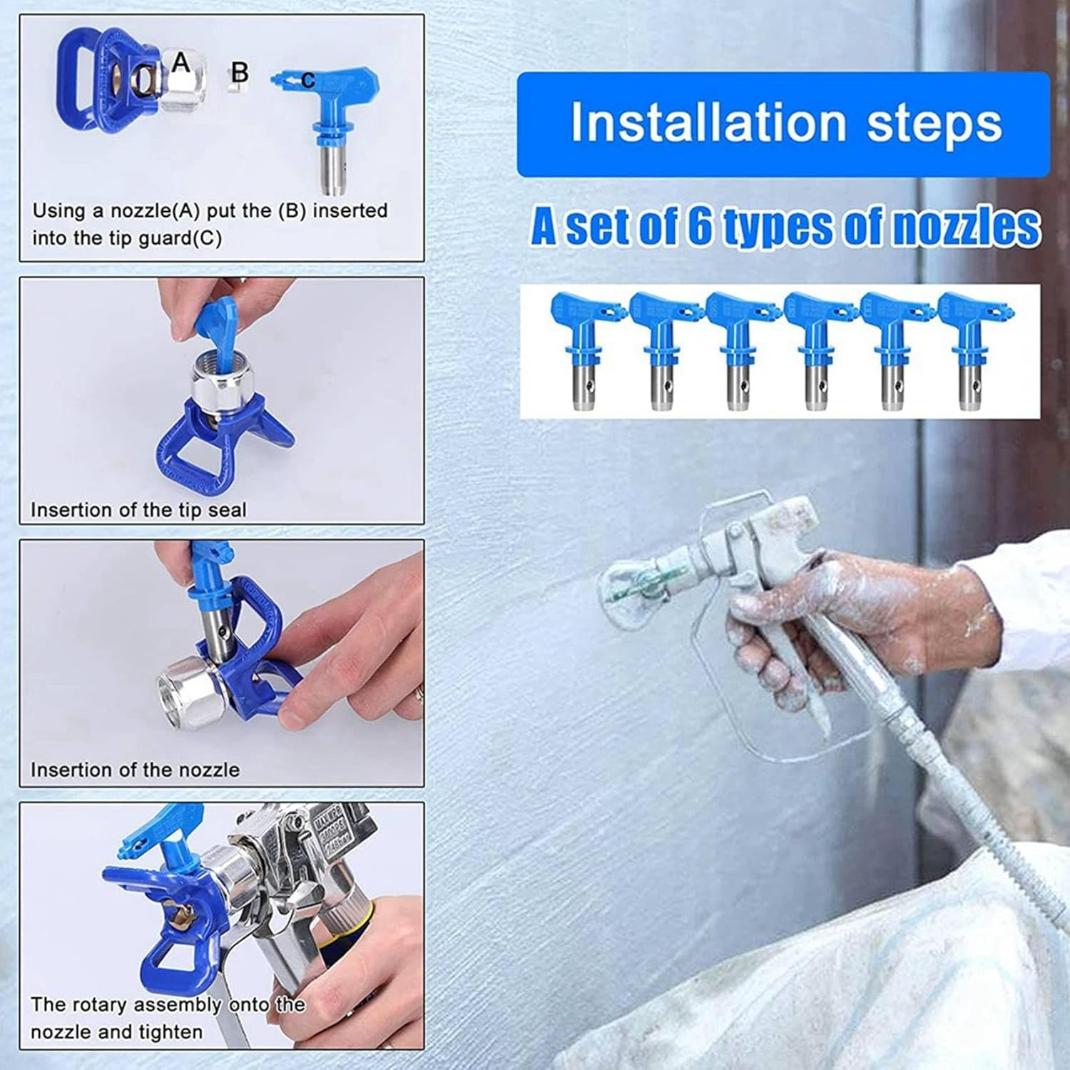 Vmitejoe 6Pc Tips Paint Sprayer Nozzle Tips Reversible Airless Blue with 2Pc Nozzle Seats for Airless Sprayer image number 6