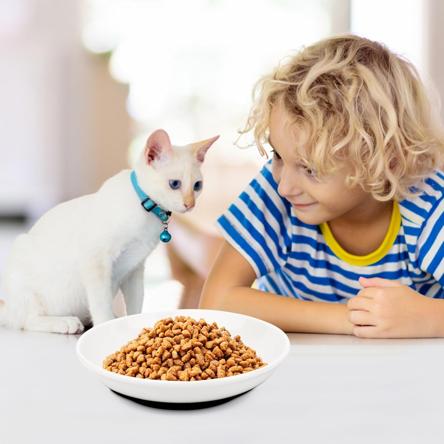 Set of 3 Cat Bowls, Ceramic Feeding Bowls with Non-Slip Silicone Base, Cat Bowl Flat Relieves Whisker Fatigue, Cat Bowls for Food and Water for Cat Food Bowl Set image number 3
