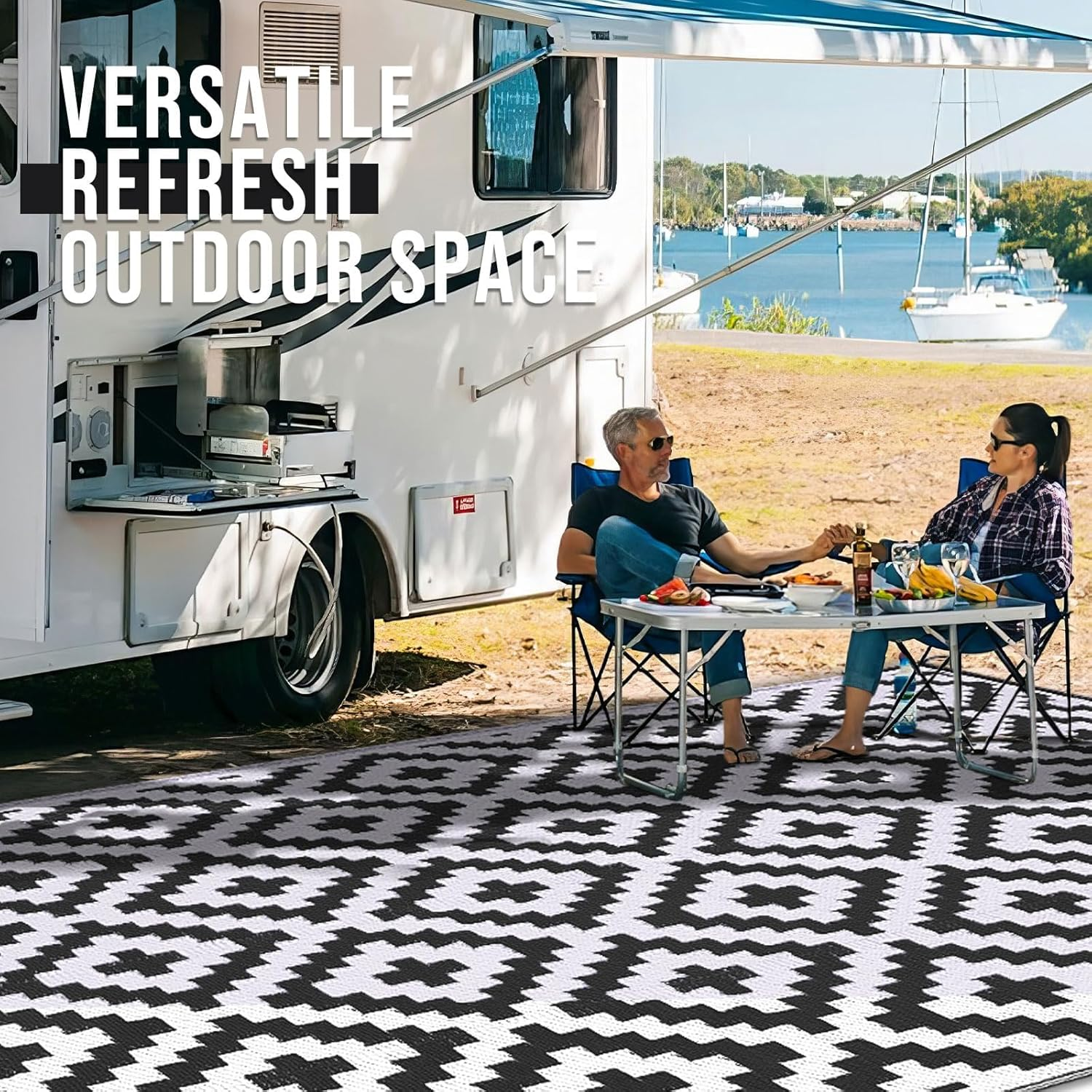 120X180Cm Waterproof Outdoor Rug, Reversible Plastic Straw Patio Rug for Camping, RV Mat Outside, Indoor Outdoor Carpet for Porch, Deck, Backyard, Camper, Balcony, Picnic, Black (Black & White)