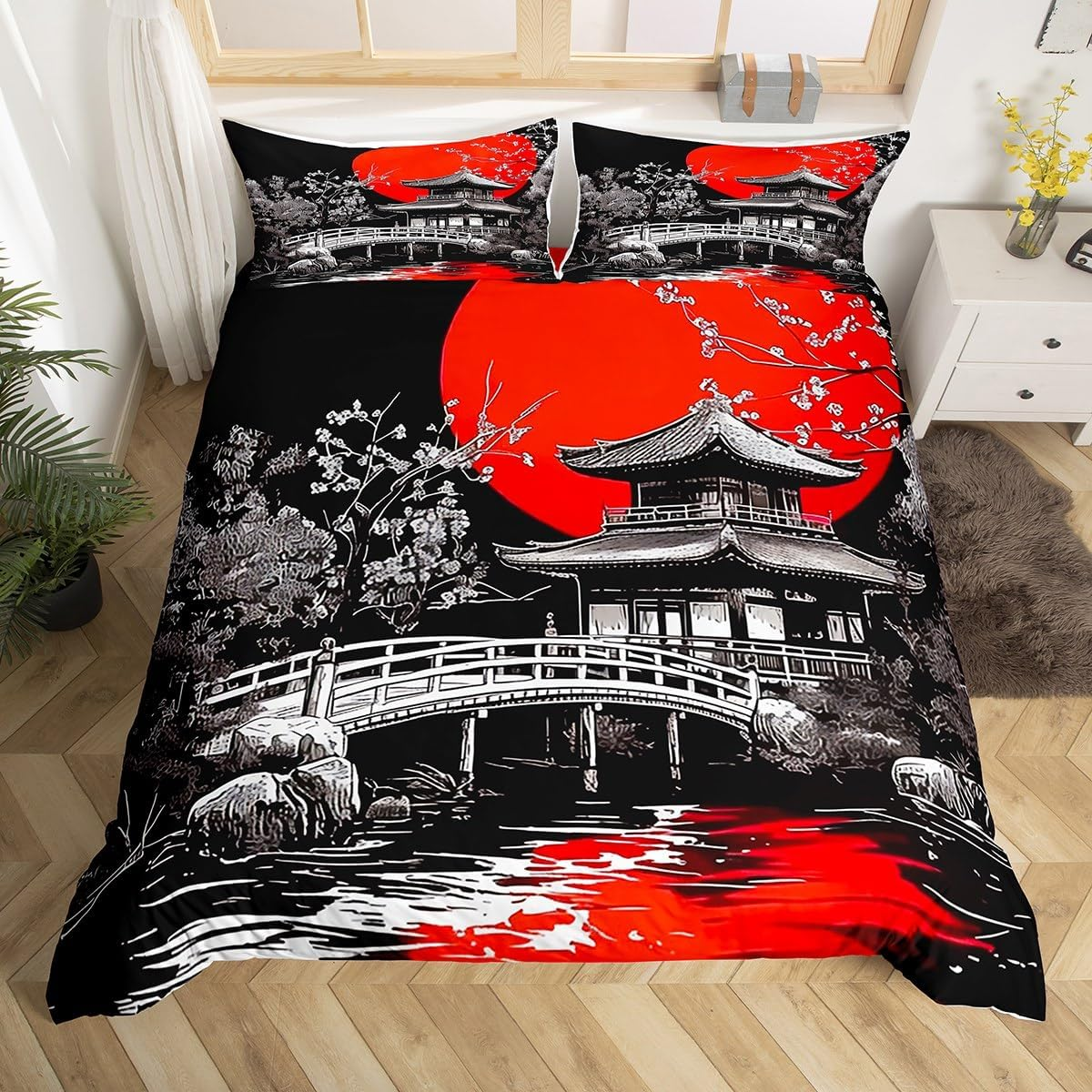 Loussiesd Japanese Ukiyoe Duvet Cover Set Single Size for Kids Boys Girls Adults Anime Bedding Set Red Sunset Comforter Cover with 1 Pillowcase Japanese Style Hokusai Pattern Beds Set image number 2