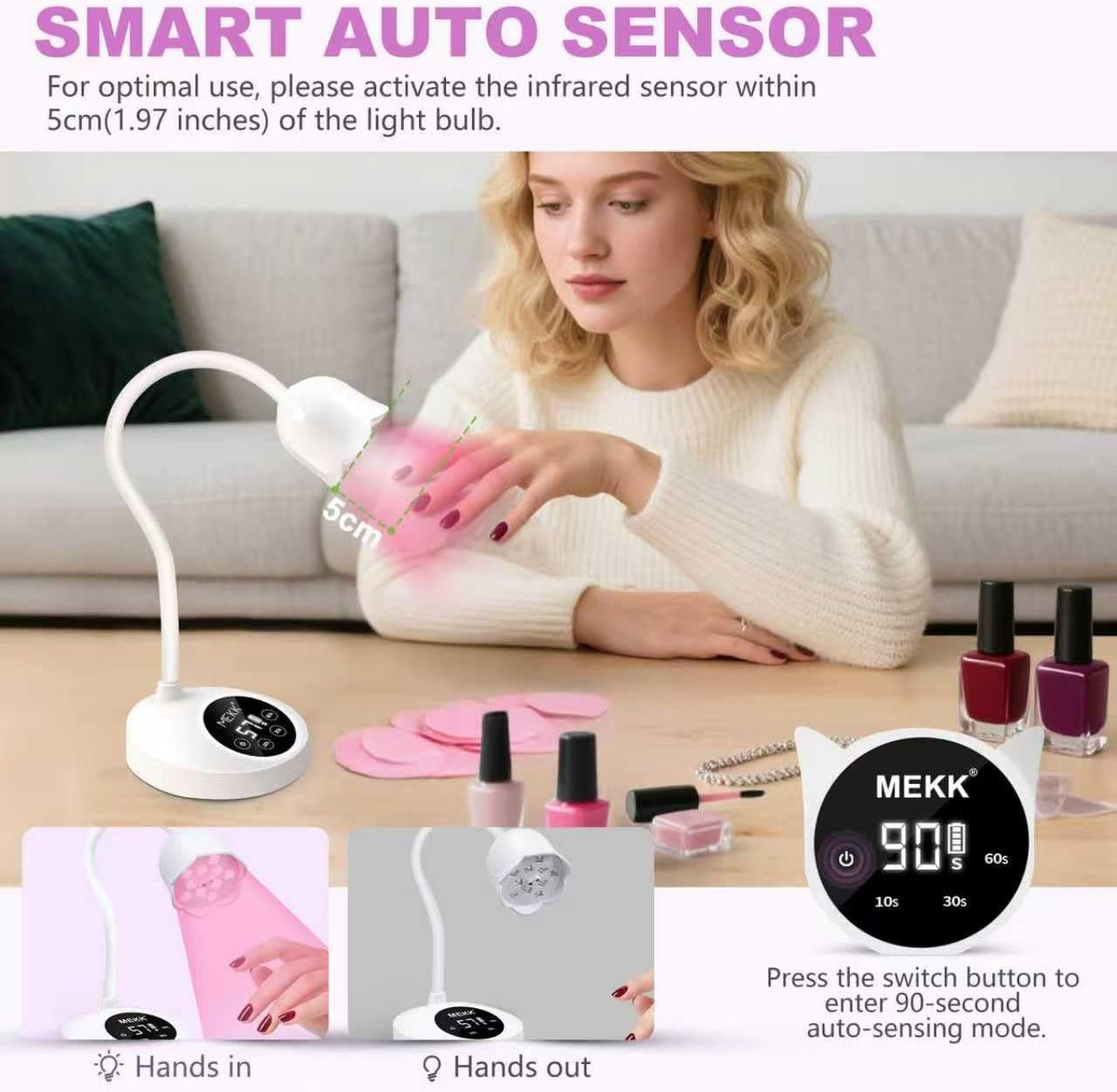 MEKK Gooseneck UV Nail Lamp 30W LED, Crystal White, Gel Nail Lamp, Cordless, Auto-Sensing, 3 Timers, 10 LED Lights - Pink image number 3