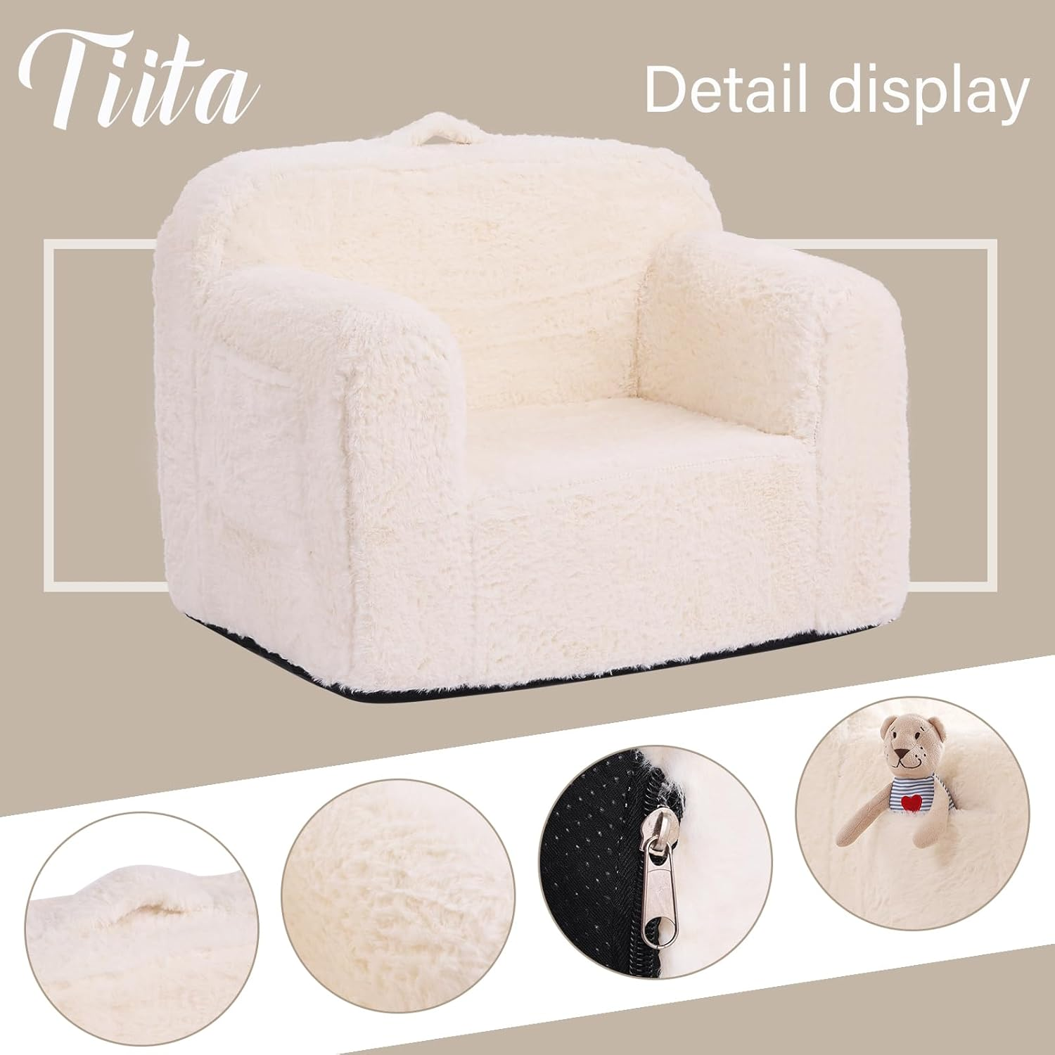 TIITA Kids Sofa, Chirldren Couch with Carrying Handle & Side Pockets, Kids Foam Chair, Toddler Armrest Chair, Lightweight Children Sofa Chair, Baby Read Sofa for Girl or Boy (Beige) - Beige image number 6