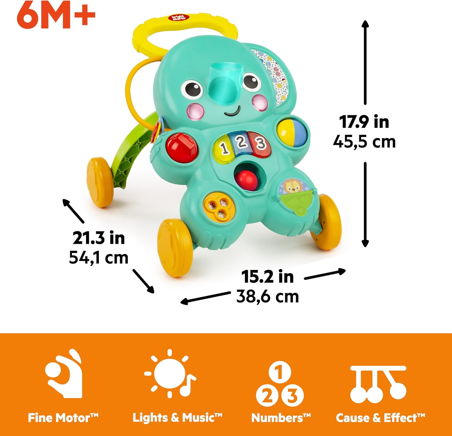 Bright Starts Stroll 'N Roll 2-In-1-Ball Play Walker - Elephant with Lights and Music, Unisex, 6 Months+