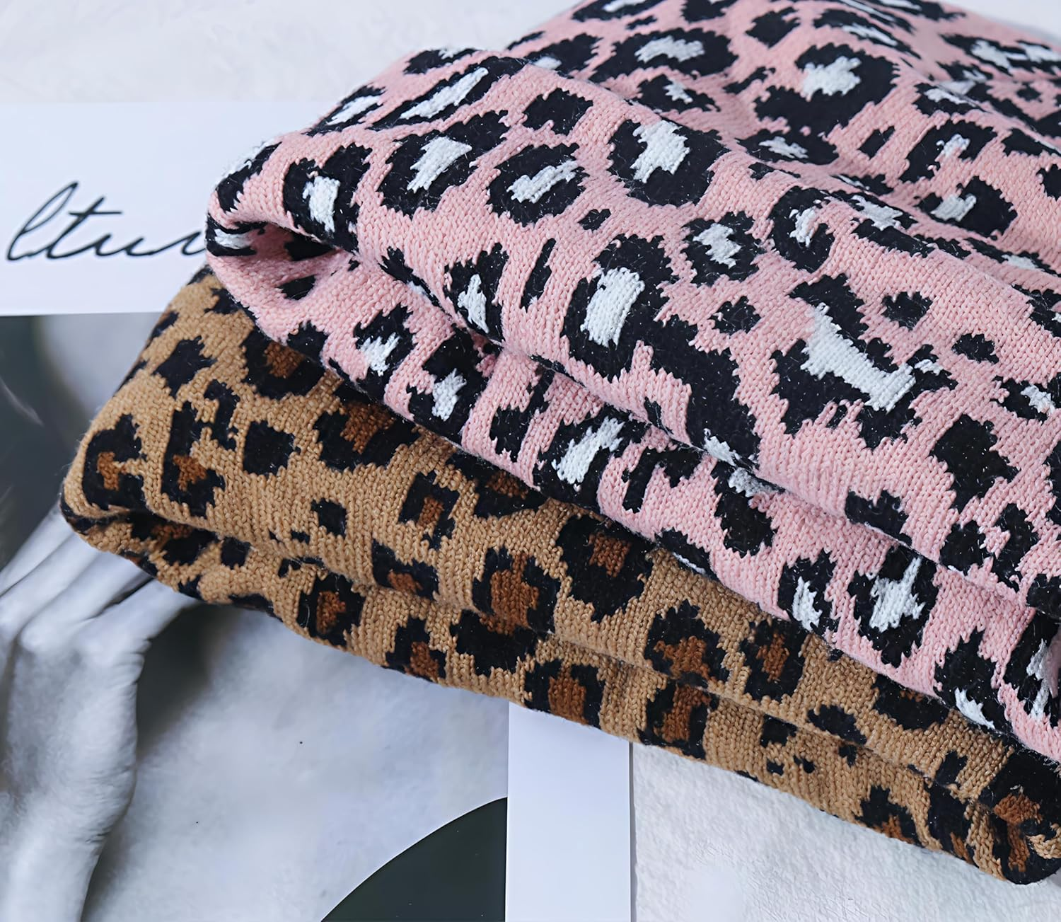 Women'S Leopard Print Beanie Hat - Stretchy Acrylic Knit Winter Warm Fleece Lined Cuffless Skull Cap for Women & Teens, One Size Fits Most (Pink/Brown) image number 2