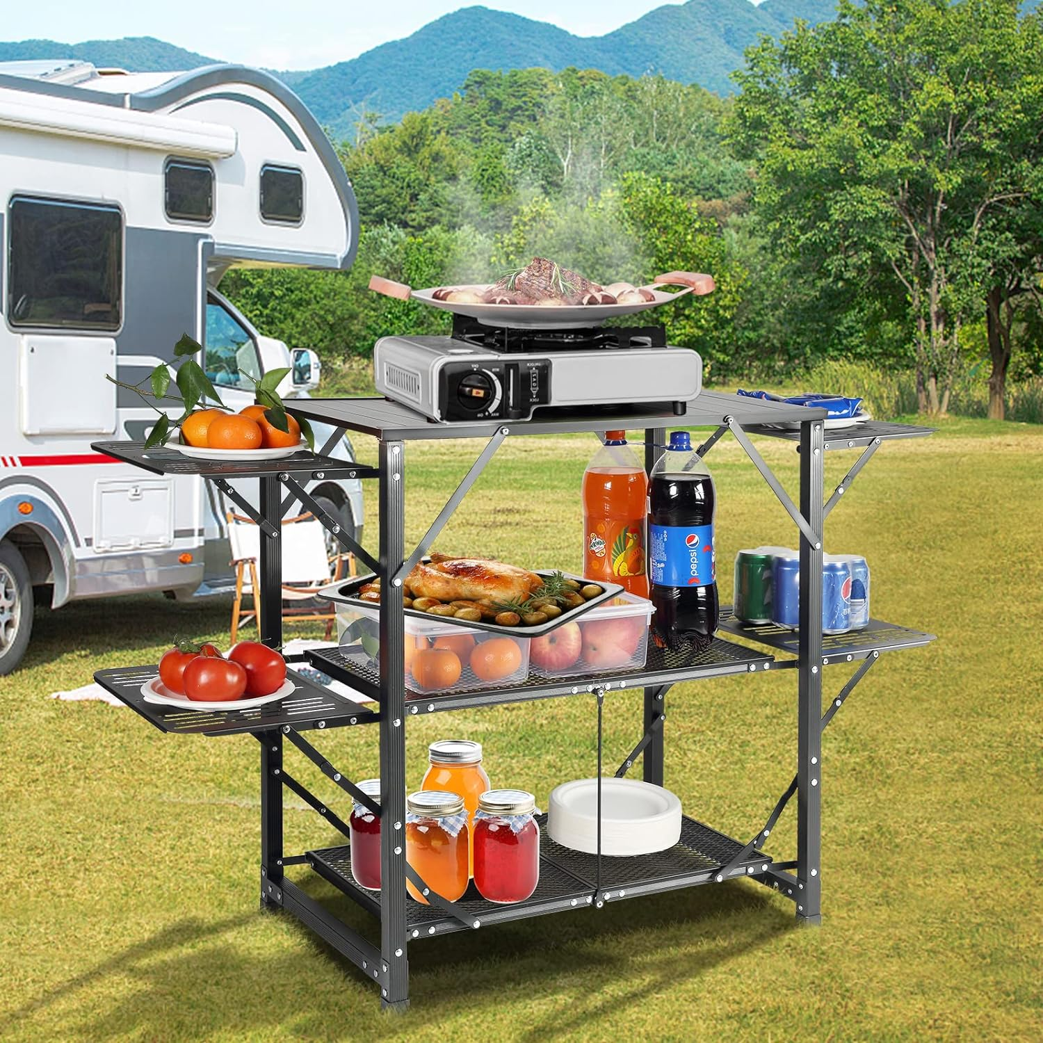 VEVOR Camping Kitchen Table, One-Piece Folding Portable Cook Station with a Carrying Bag, Aluminum Camping Table 4 Iron Side Tables & 2 Shelves, Ideal for Outdoor Picnics, Bbqs, Camping, RV Traveling