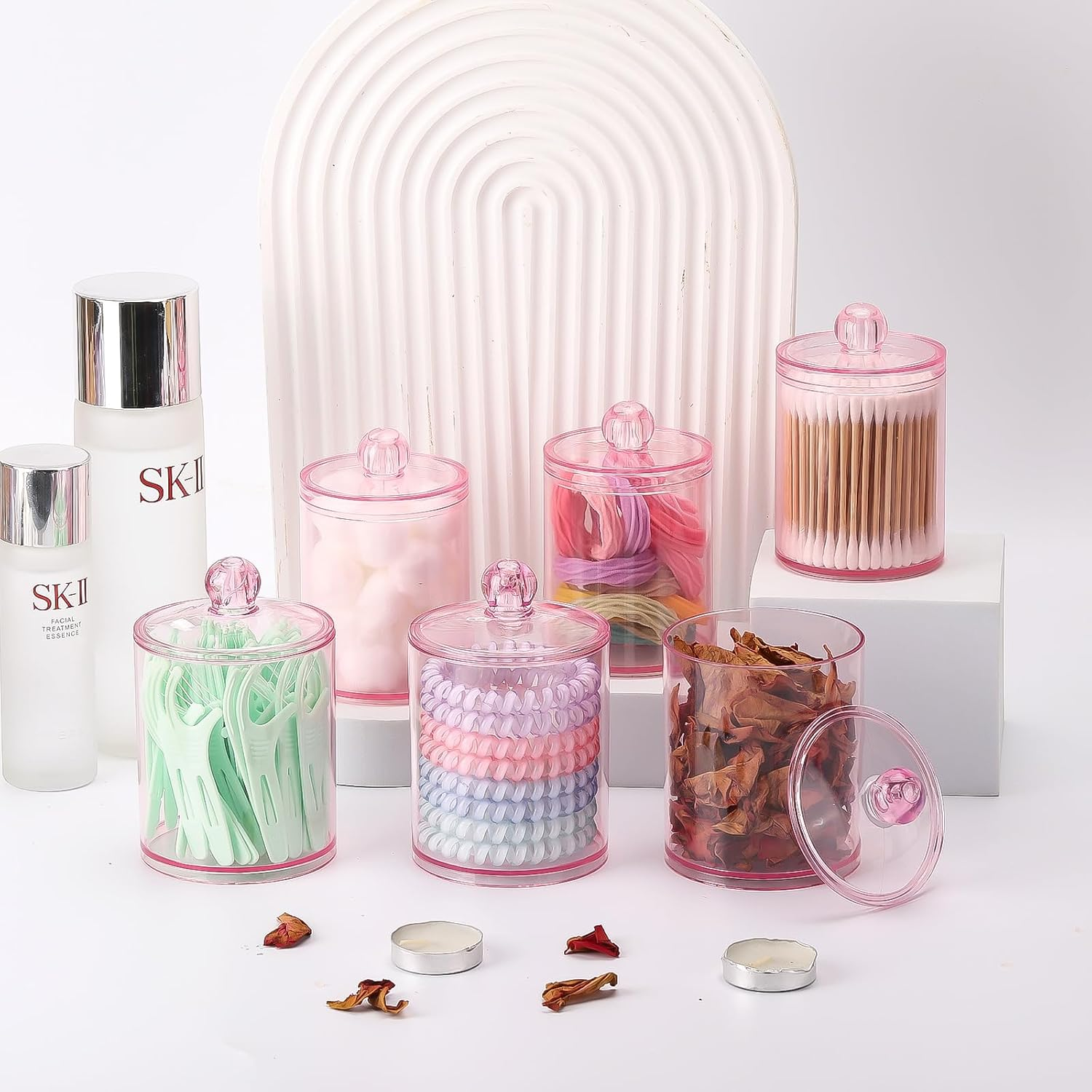 Tbestmax 6 Pack Qtip Holder - 12 Oz, 10 Oz Bathroom Organizer and Storage Containers, Plastic Apothecary Jars with Lids for Cotton Ball, Cotton Swab, Floss, Pink image number 1