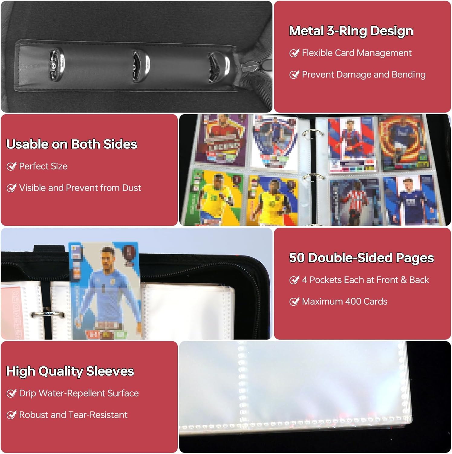 Soccer Card Binder, 4 Pocket Sports Trading Card Collection Binder, Soccer Card Holder with Zipper Carrying Handle and 50 Removable Sleeves for 400 Cards, Waterproof 3-Ring Card Album Folder