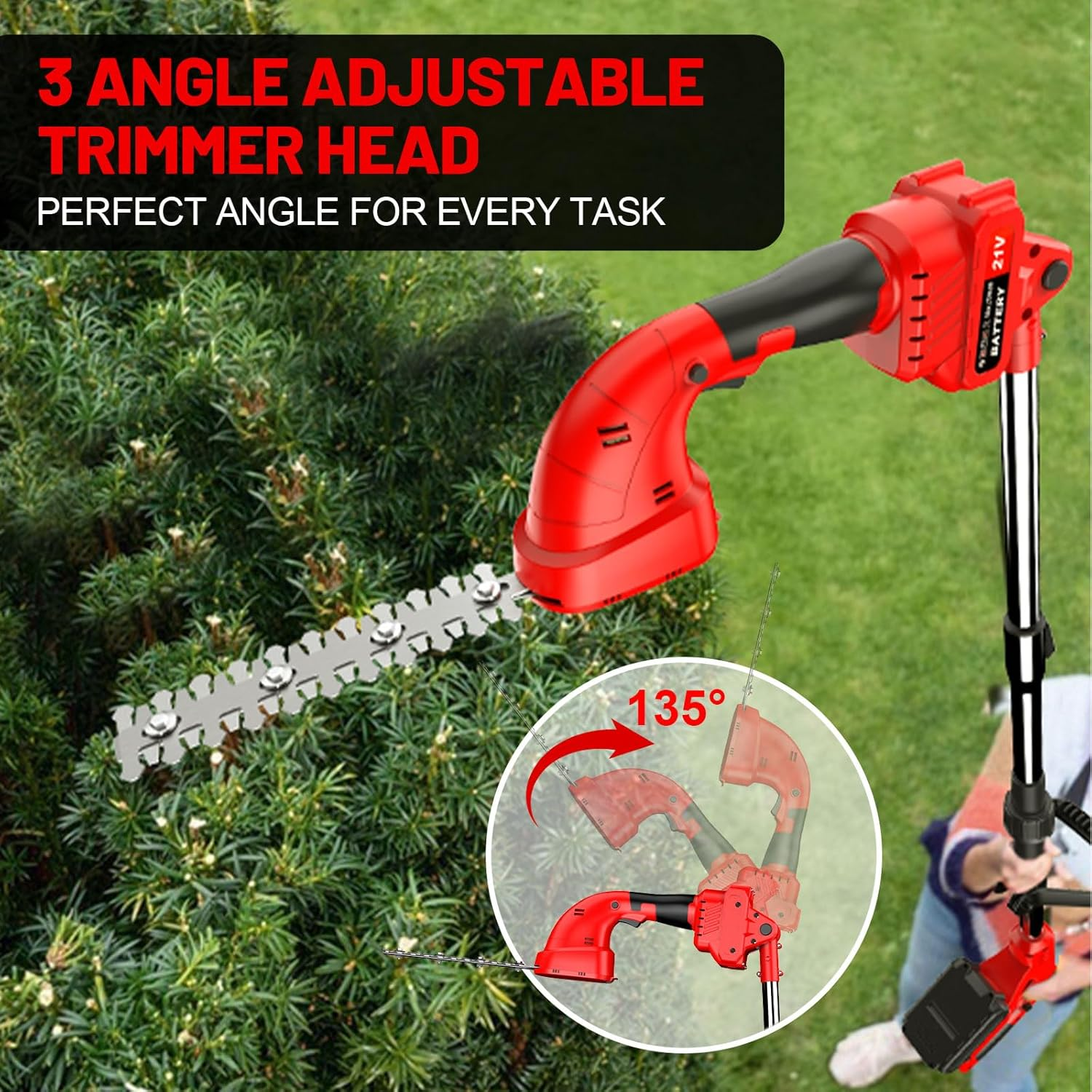 Lmozim 3-In-1 21V Pole Mini Hedge Trimmer & Grass Shear, 8Inch Cutting Blade, 2 * 2.0Ah Batteries Electric Hedge Trimmer with 5Ft Extension Pole, Cordless Hedge Clippers Multi-Angle for Garden, Lawn image number 2