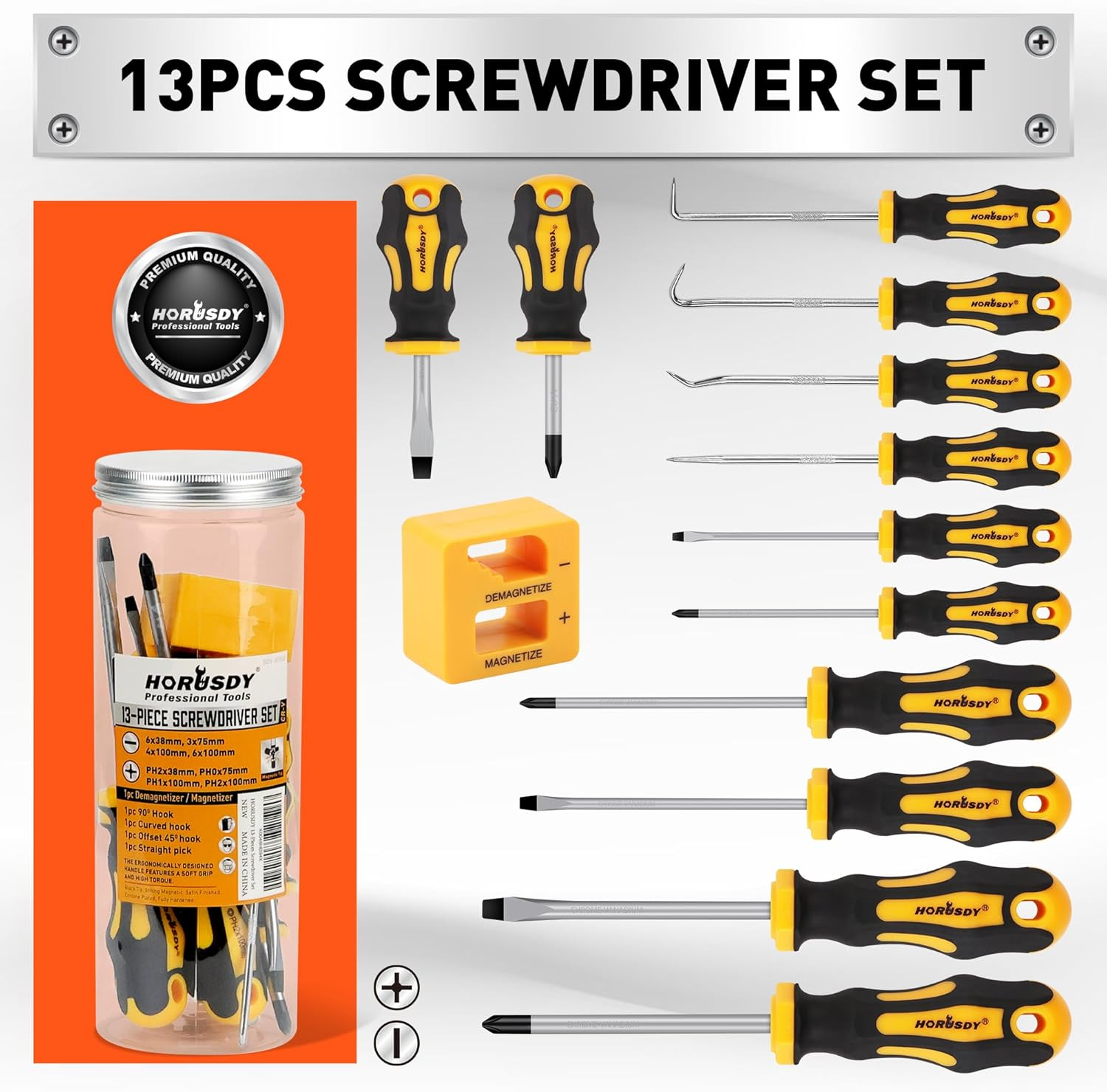 HORUSDY 13-Pieces Screwdriver and Pick Hook Set, Magnetic 4 Phillips and 4 Flat Head Tips and Precision Automotive Hook Set for Fastening and Loosening image number 2