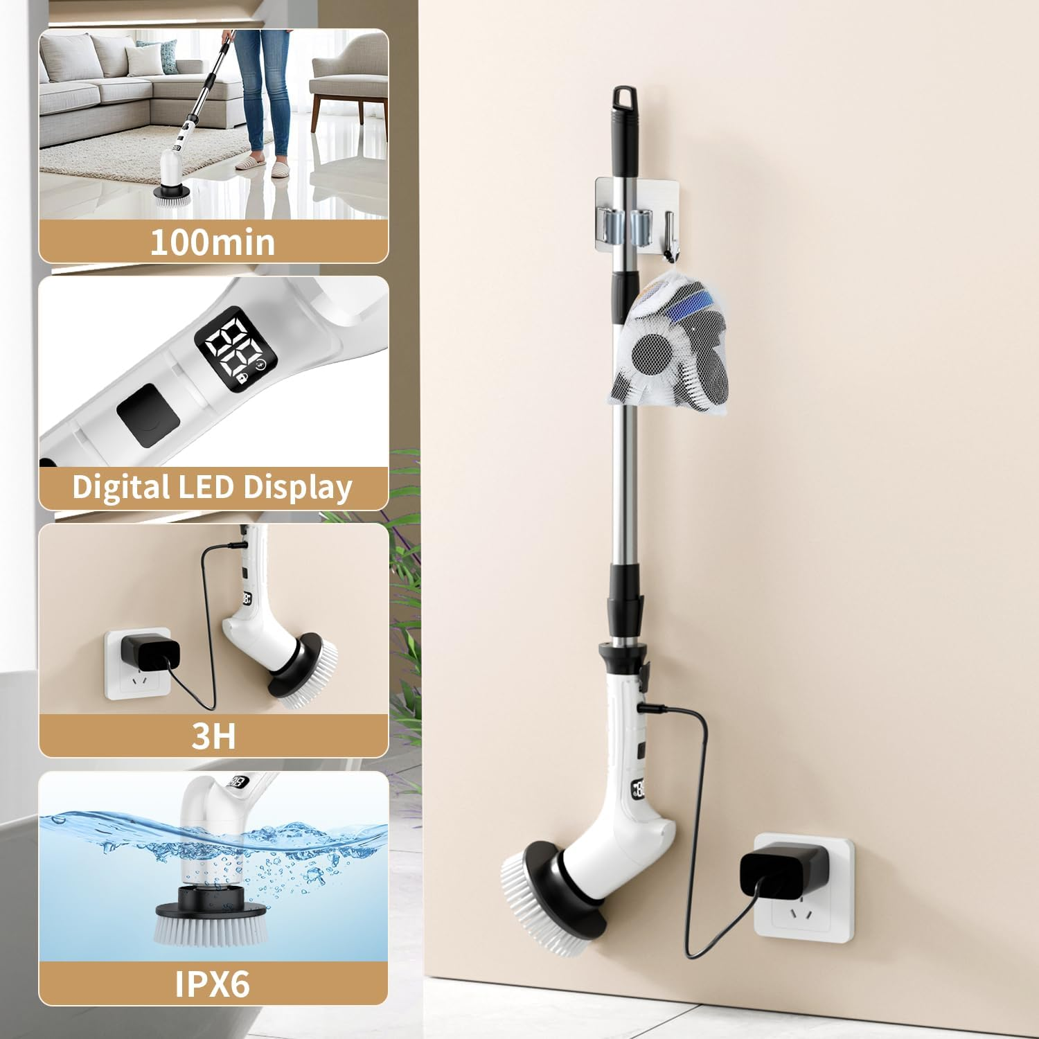 Electric Spin Scrubber for Cleaning Bathroom,Cordless Power Shower Scrubber - Electric Cleaning Brush for Tile Tub Bathtub Kitchen Wall Cleaning image number 3