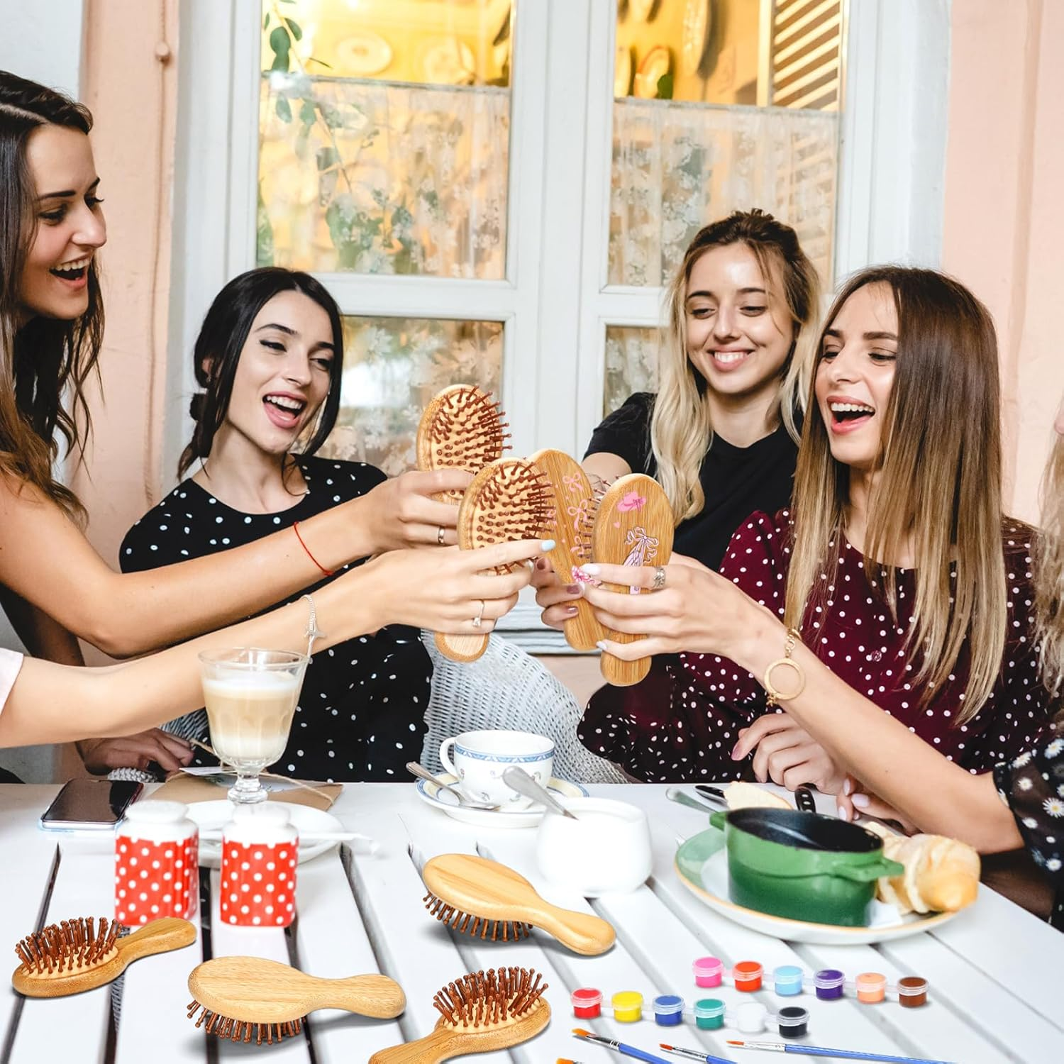 Meanplan 12 Set DIY Wooden Hairbrush Painting Kits Make Your Own Hair Brush Hand-Painted Hairbrush Night Party Supplies with Paint Brush and Palette for DIY Gift Party Crafts (Mini) image number 1