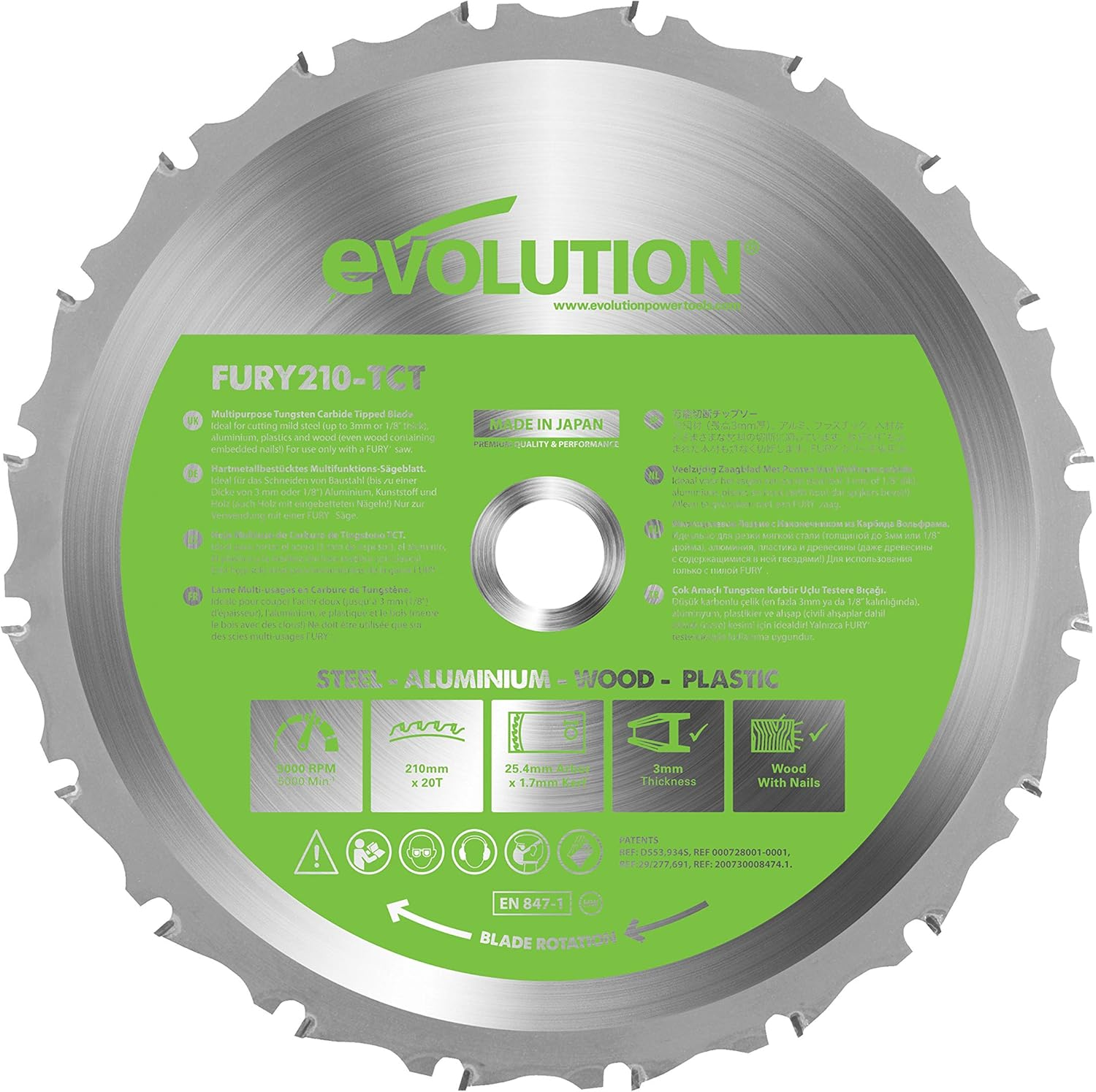 Evolution Power Tools FURY210-TCT Multi-Material Blade for Mitre Saws, Cuts Metal, Plastics, Laminates, Wood (Even with Embedded Nails), Carbide Tipped, 210 Mm image number 3