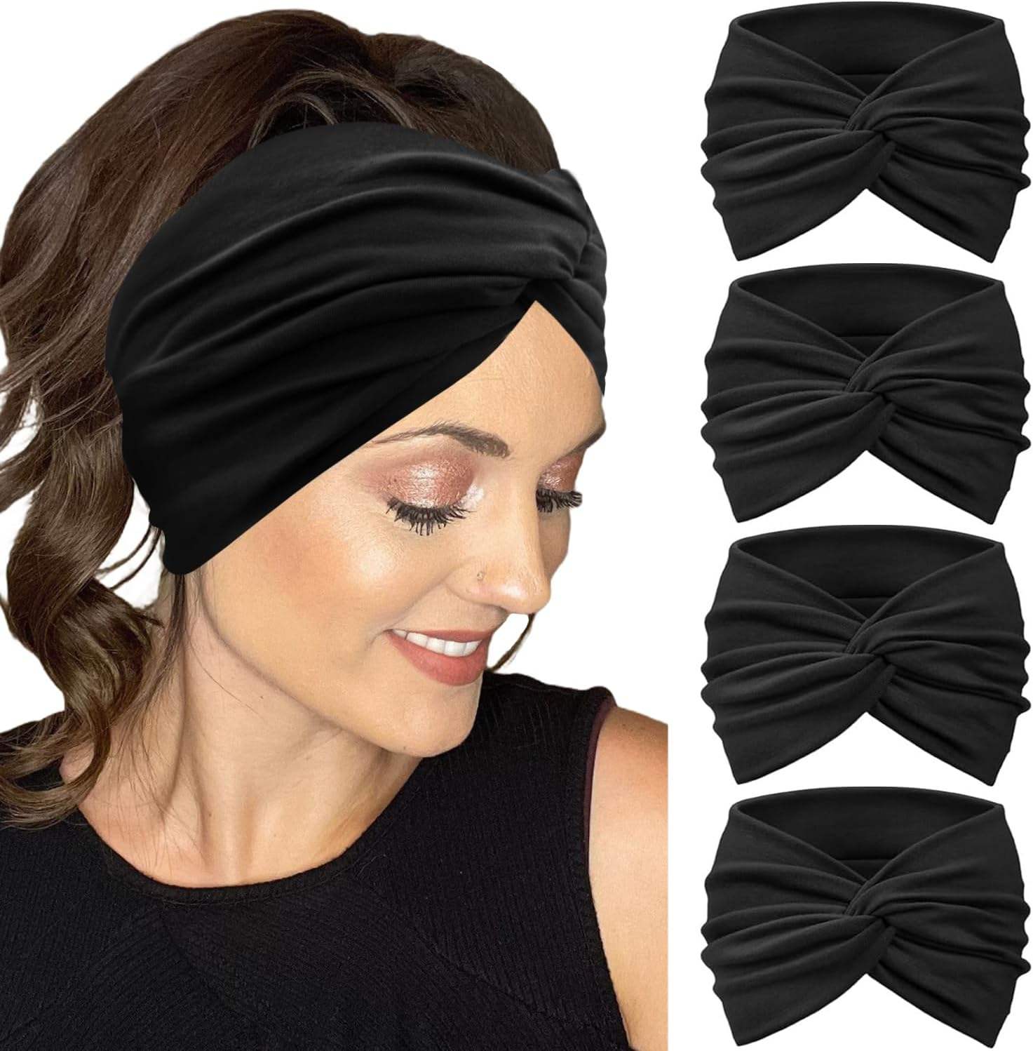 IVARYSS Extra Wide Headbands for Women Non-Slip, 7'' Large Twist Knotted Stretchy Wraps Head Bands Hair Accessories, 4 Pack, Black