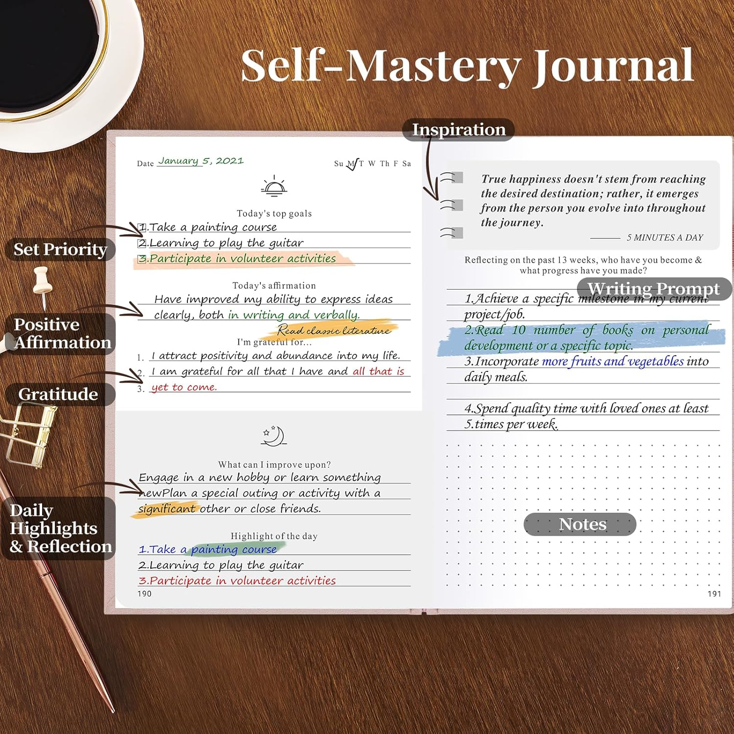 5 MINUTES a DAY Self-Care Journal, Wellness & Daily Reflection Notebook &ndash; Gratitude Journal Guided Journal for Women &ndash; Self Care Planner, Mental Health Journal with Mood Tracker &ndash; A5 Size (Pink) - Pink image number 5