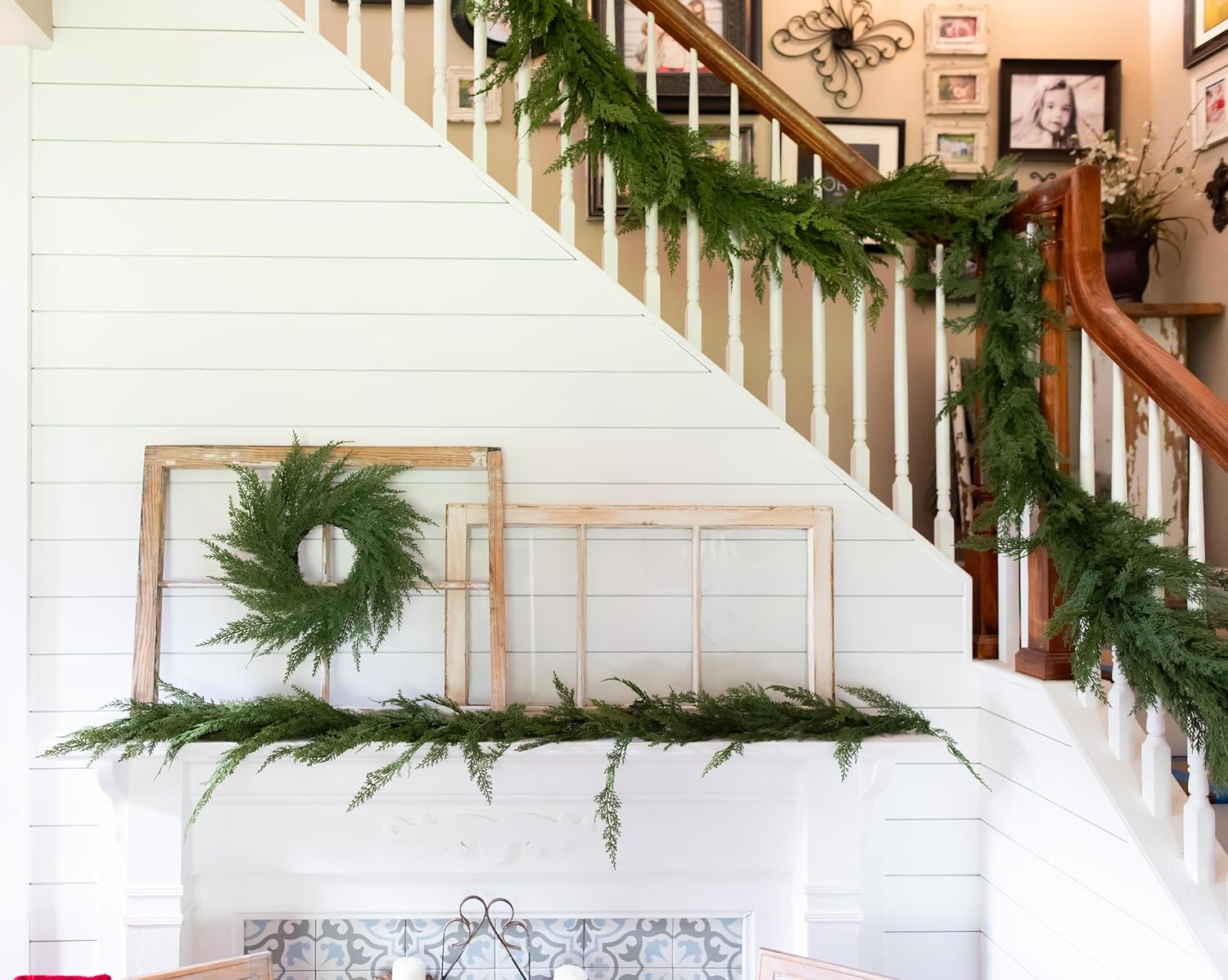 24" Artificial Cedar Wreath - 24 Inch Faux Cedar Wreath, Festive Green Wreaths for Front Door and Wall, Realistic Christmas Wreath, Indoor Holiday Decor for All Year Round image number 6