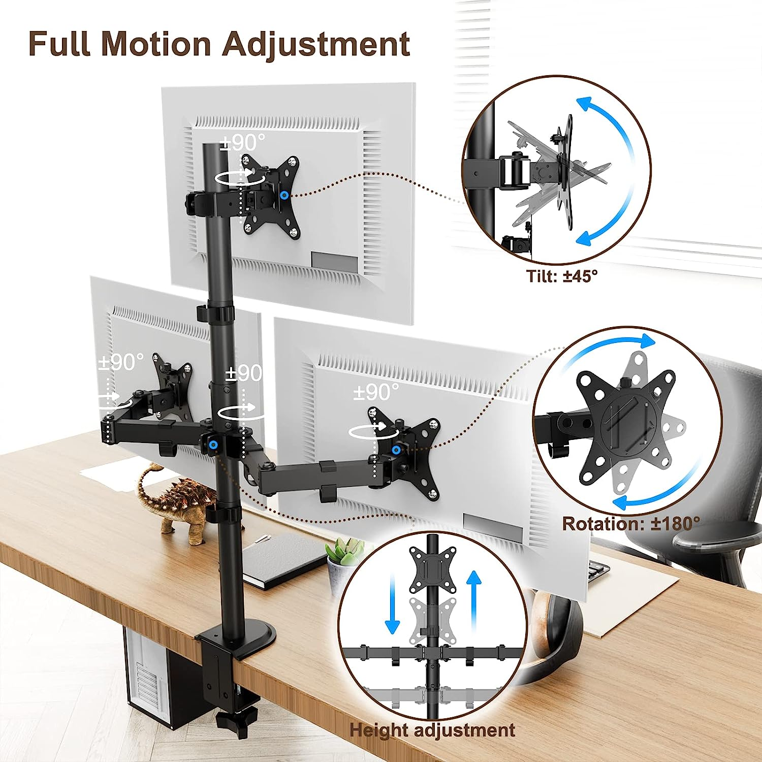 PUTORSEN Monitor Bracket 3 Monitors for 13-32 Inch Flat & Curved Screen, 80 Cm Rod Monitor Table Mount Swivelling Tilting Height Adjustable, 9 Kg per Arm, VESA 75 X 75/100 X 100, Black image number 6