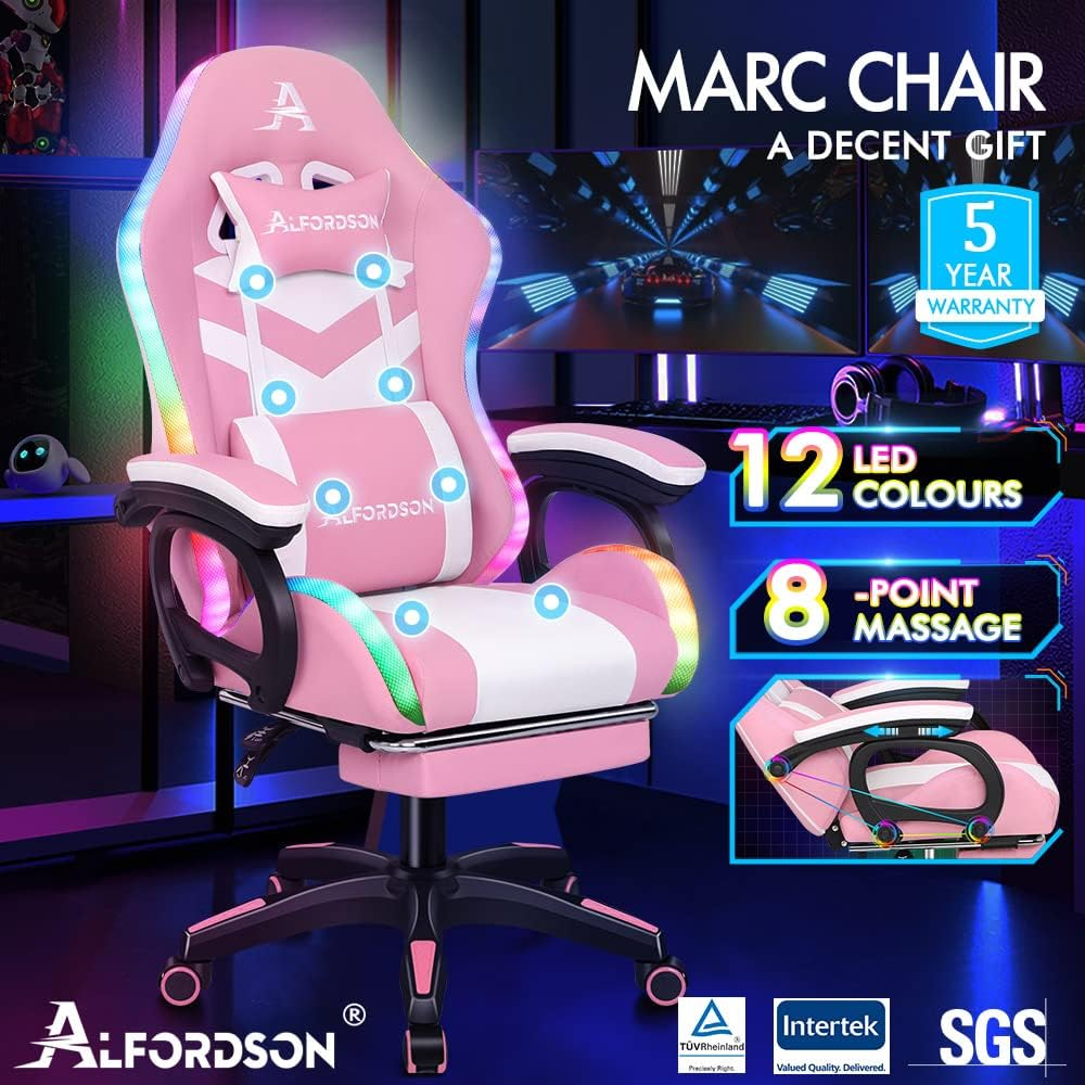 ALFORDSON Gaming Office Chair with 12 RGB LED Lights & 8 Point Massage, Racing Computer Chair with Lumbar Support & Retractable Footrest, Ergonomic Desk Chair with PU Leather Seat Office Gamer (Pink) - Marc Fabric Grey image number 5