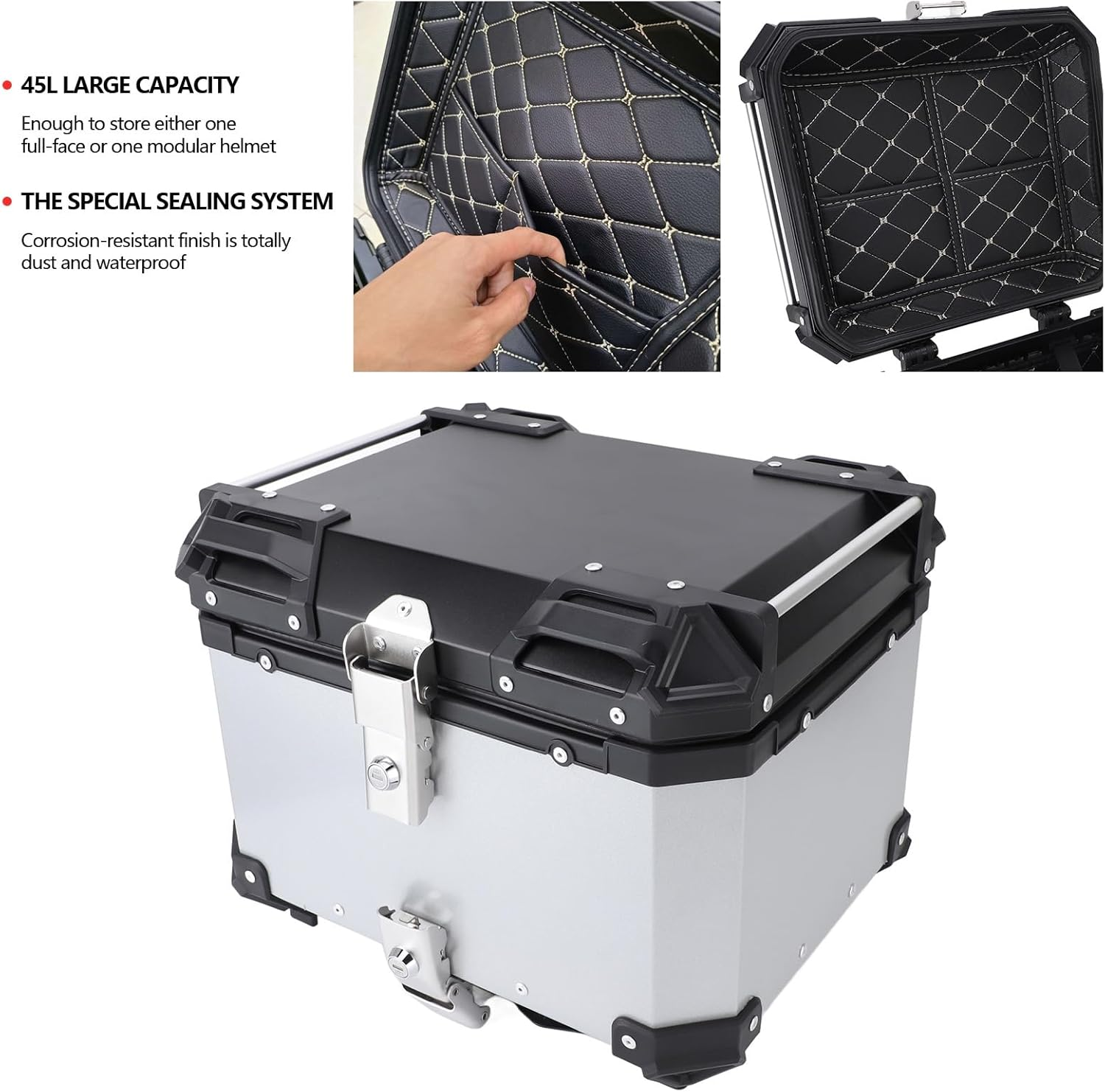 45L Motorcycle Top Case, Aluminum Universal Motorbike Tail Box Trunk Storage with Security Lock for Helmet Luggage, Waterproof Motorcycle Top Box with Back Cushion image number 4