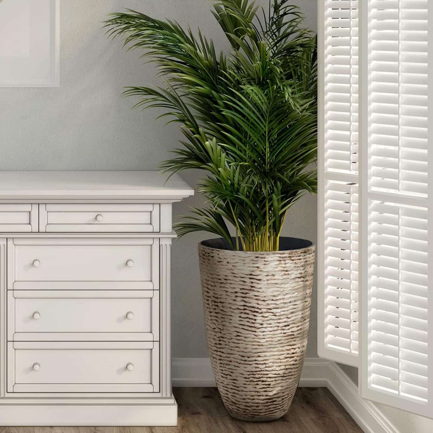 Worth Garden 9 Gallon Tall round Planters Set of 2-14" Dia X 21" H Tree Pots for Outdoor Plants - Large Imitation Stone Finish Flower Pots Indoor Decorative Container Garden Patio Unbreakable Beige