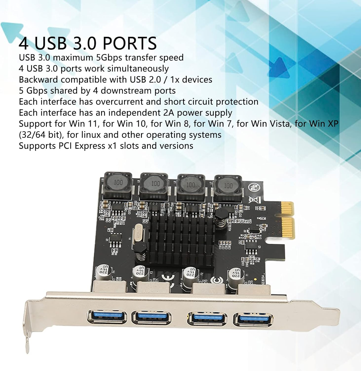 Dpofirs PCIE to USB3.0 4 Port Expansion Card, 4 X USB3.0, PCI Express USB Add in Card, PCI Express Expansion Card USB Card for 11 10 8 7 XP (32/64 Bit), Linux image number 4