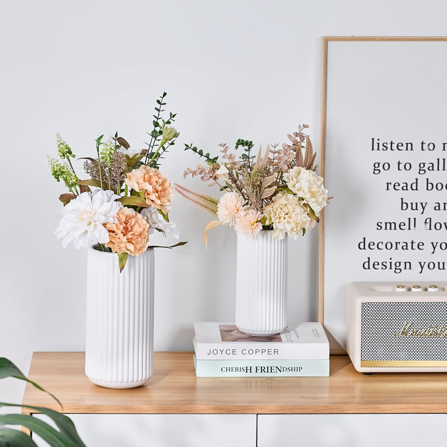 White Ceramic Flower Vase for Pampas Grass, 8 Inch Small Decorative Centerpiece Ribbed Vase for Dining Table, Office Desktop, Shelf Bookshelf, Mantel, Entryway, Bathroom, Countertop, Farmhouse, Gift image number 3