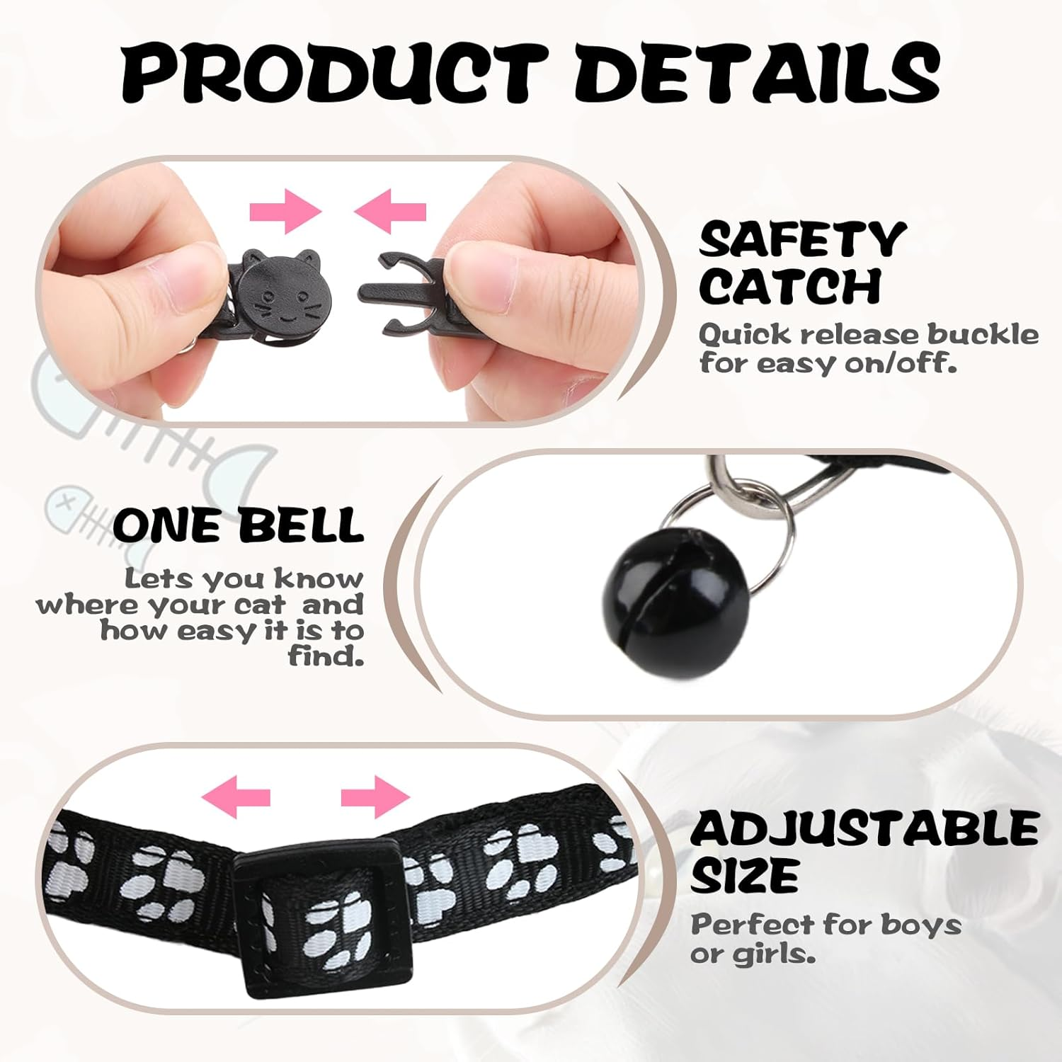 Pack of 3 Reflective Cat Collar with Safety Clasp and Bell, Cat Collar Release Click Buckle Set Adjustable Kitten Safety Collar Cat Collars, 19-32 Cm image number 6