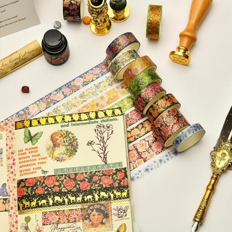 KAVI' S 20 Rolls Flowers Washi Tape Set Floral Arts Adhesive Tapes Gold Foil Decorative Masking Tape Sets for Craft, Kids, Scrapbook, DIY, Gift Wrapping image number 6