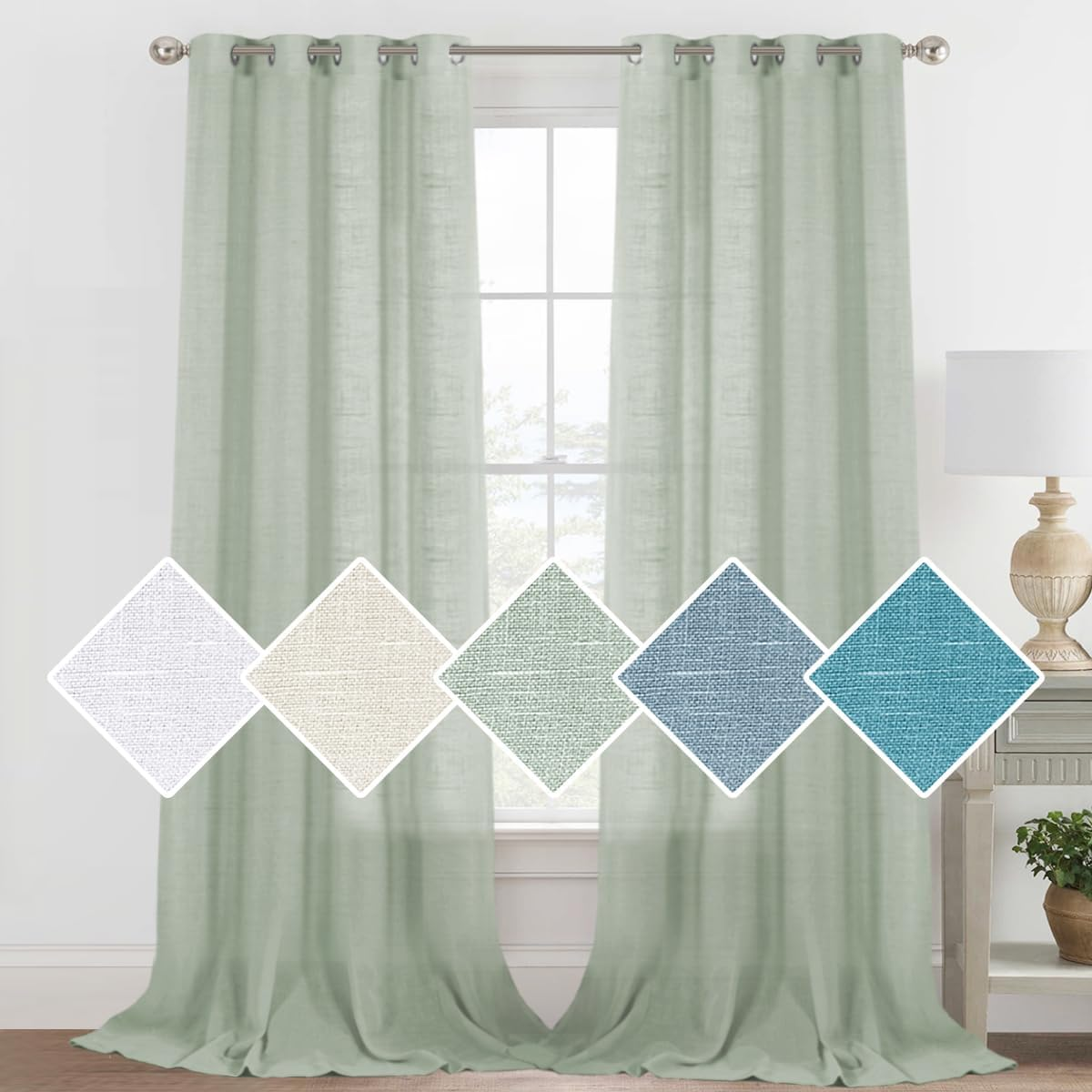 H.VERSAILTEX Linen Sheer Curtains for Living Room/Bedroom Linen Curtains Light Filtering Semi Sheer Curtains Provide Privacy Curtains & Drapes -2 Panels Set, Each W132Cm X D243Cm, Sage image number 6