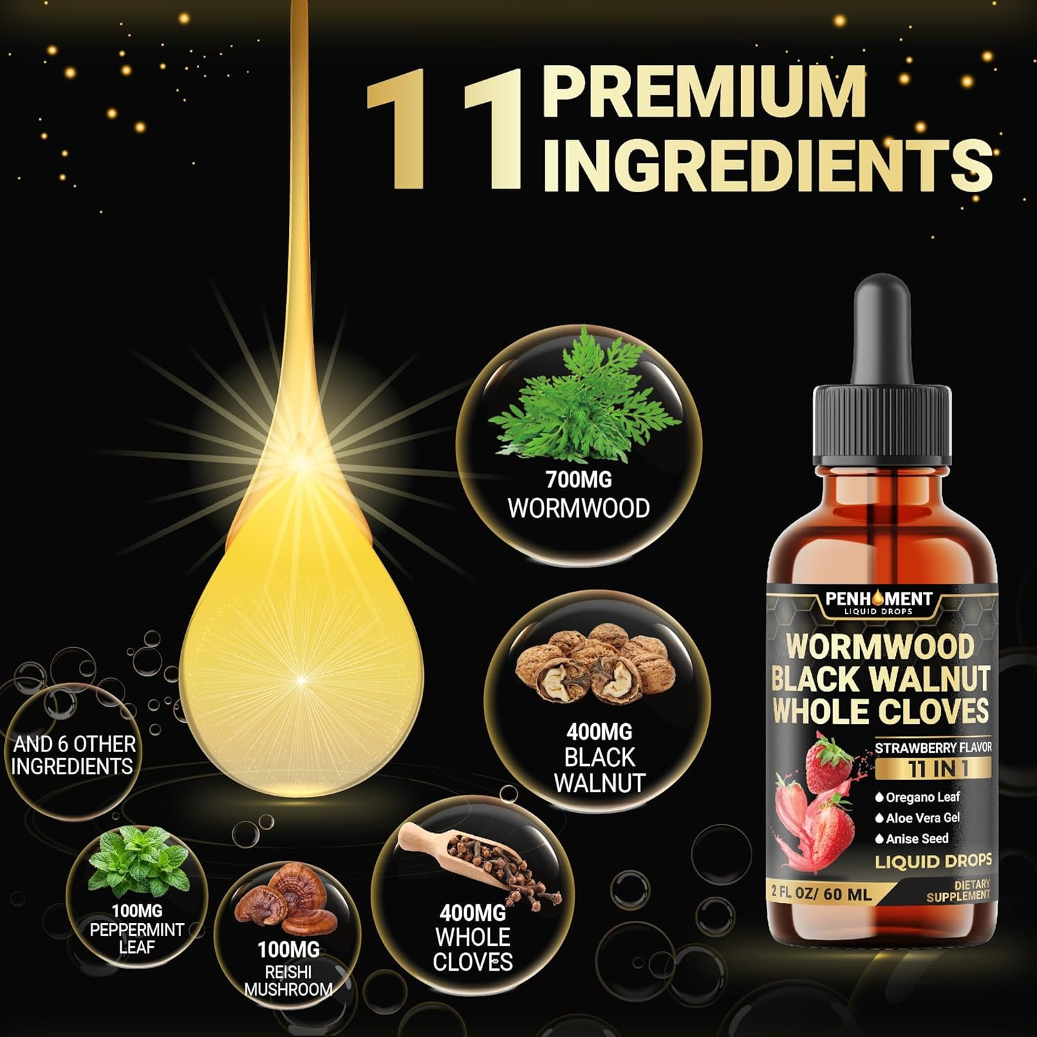 Penhoment 11In1 Wormwood Liquid Drops - Black Walnut Wormwood Liquid Extract with Whole Cloves, Reishi, Peppermint, Oregano, Aloe Vera, Anise Seed - 2 FL OZ - 60 Days Supply - Strawberry Flavor image number 6