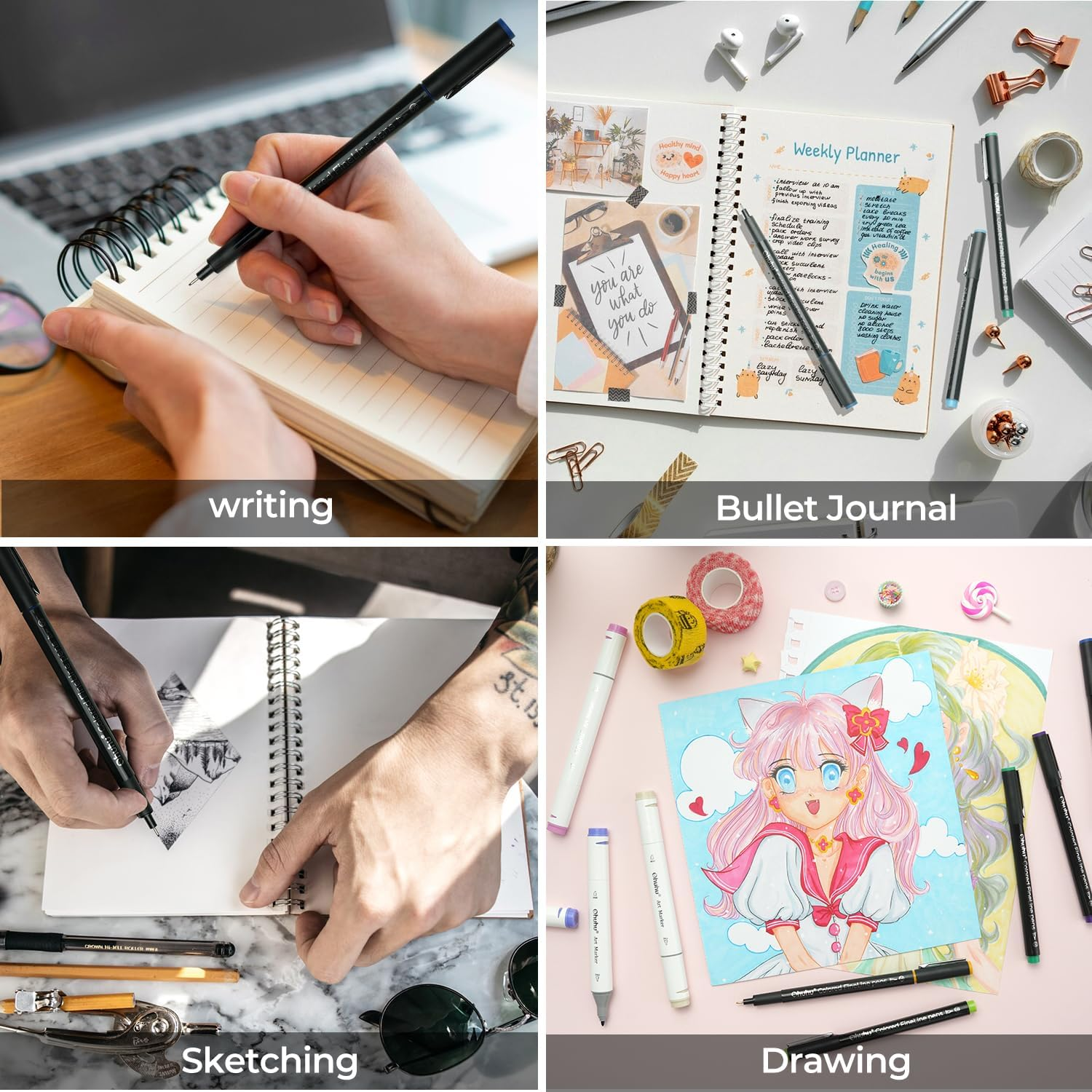 Ohuhu Colored Fineliner Drawing Pens: 18 Pack Fineliner Pens 0.45Mm 11 Colored Pens & 7 Assorted Point Sizes Black Micro Pens No Bleed Smooth Writing for Drawing Writing Sketching Artists Beginners image number 3