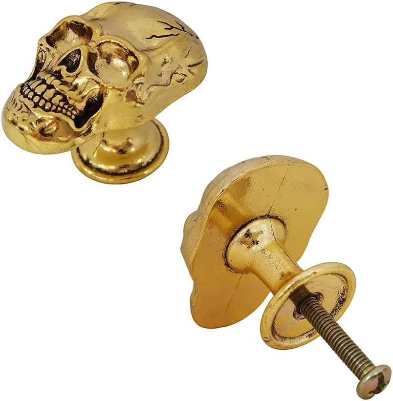 Gold Skull Drawer Knobs Pulls,Unique Skull Cabinets Knob Covers Decorative, Single Hole Metal Pull Handle for Dresser Closets Hardware Furniture Halloween Skull Kitchen Accessories (Antique Gold) image number 1