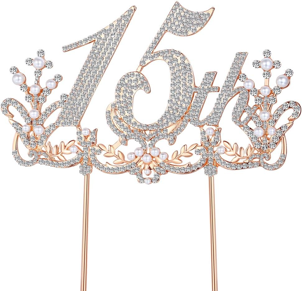 Lovelyshop Luxurious Diamond Gold Cake Topper for 15Th Birthday Celebrations and Quincea&ntilde;era-Large