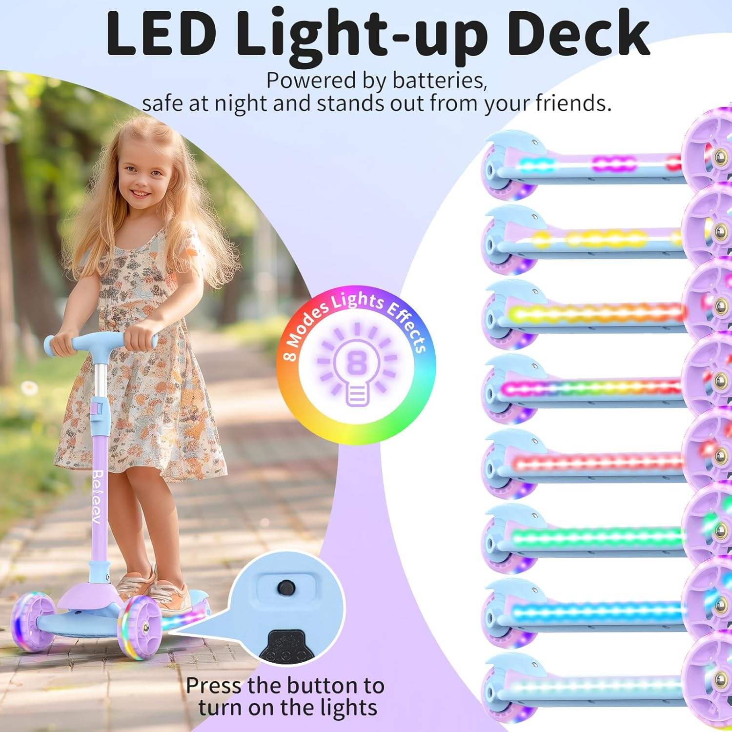 BELEEV A9 Scooters for Kids with Light-Up Wheels & Deck, 3 Wheel Folding Scooter for Girls Boys Ages 3-12, 4 Adjustable Height, Non-Slip Pattern Deck, Kick Scooter Gifts for Children - Black image number 5